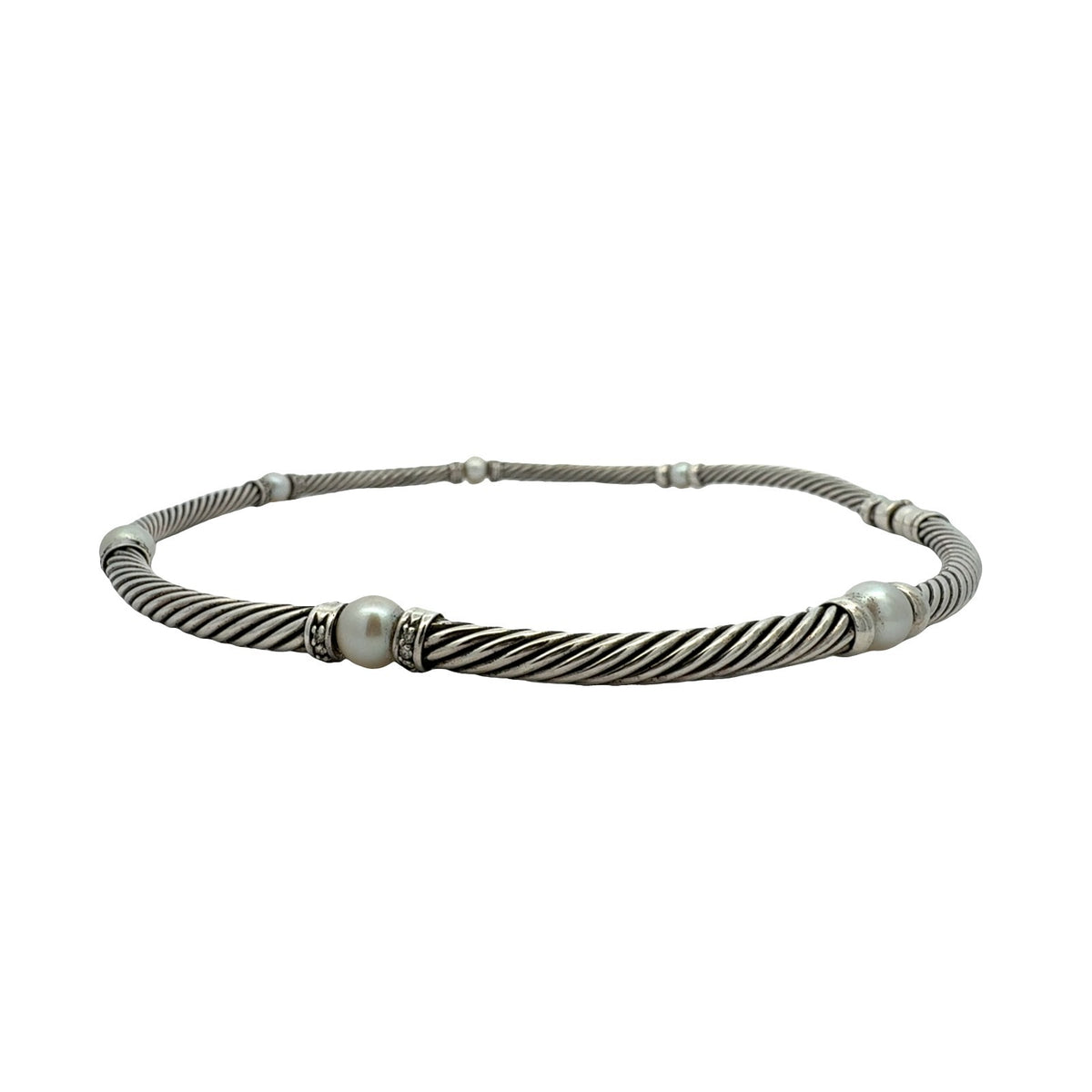 David Yurman Sterling Silver Pearl & 0.64cttw Diamond Hampton Cable Choker 15.5"5