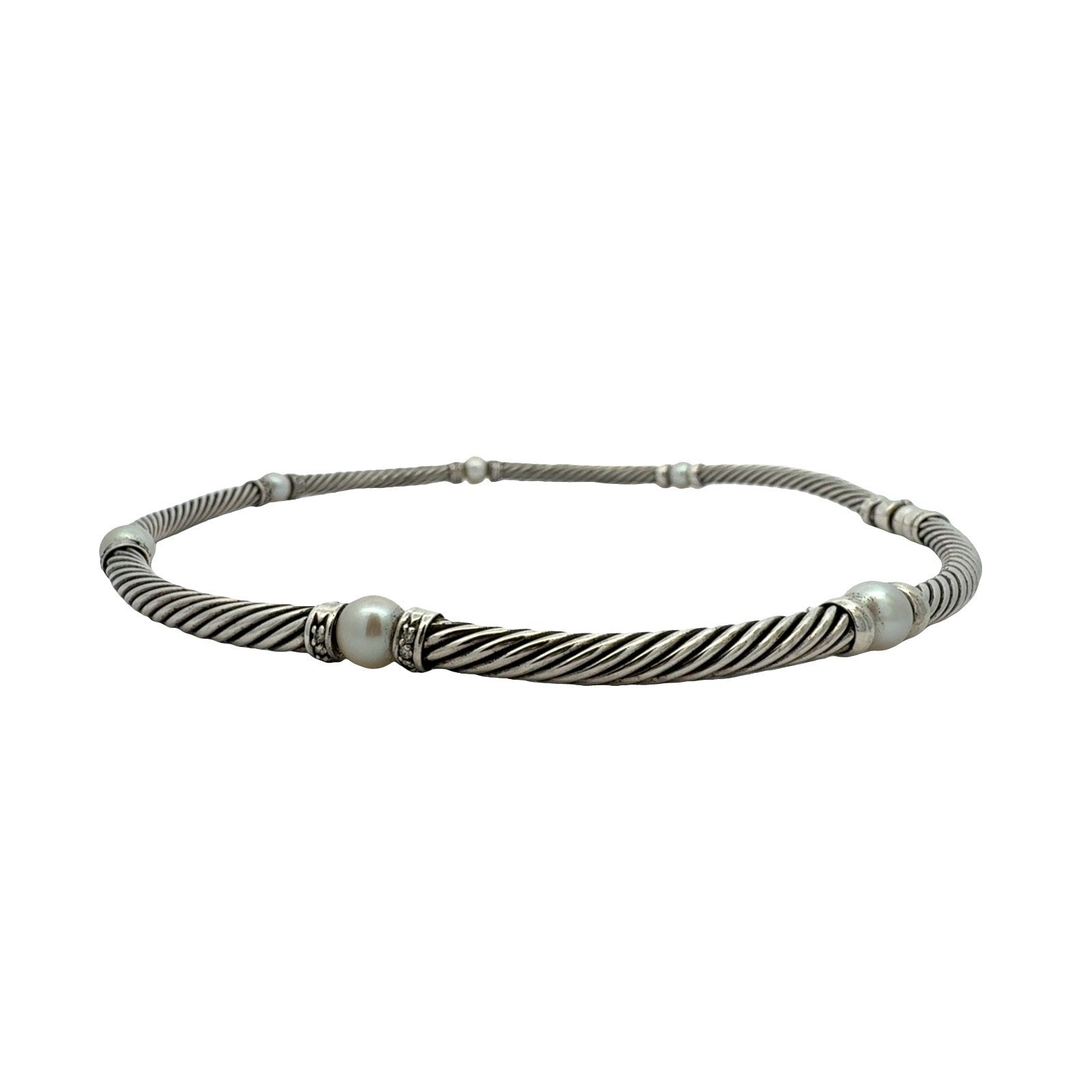 David Yurman Sterling Silver Pearl & 0.64cttw Diamond Hampton Cable Choker 15.5"5