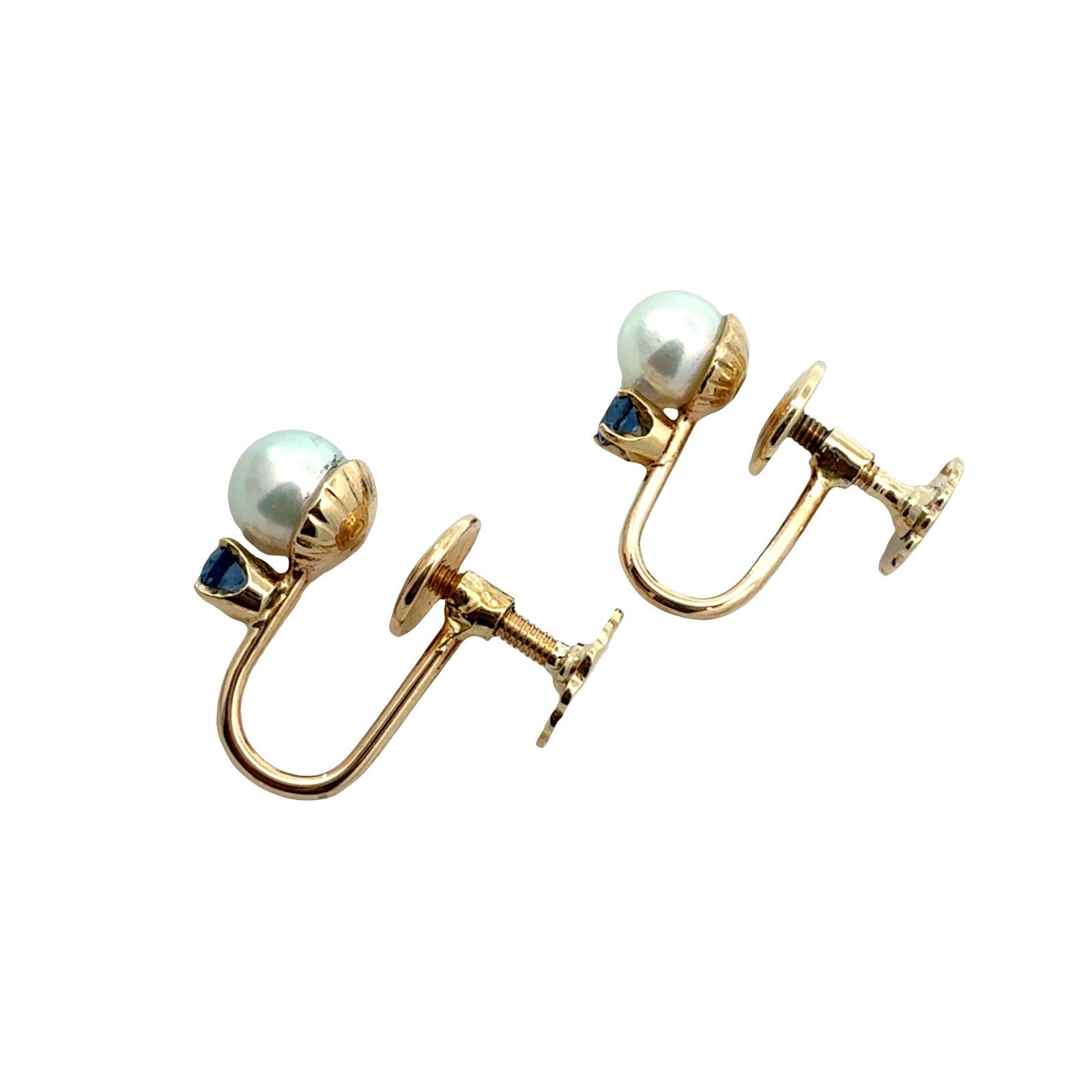 14k Yellow Gold Pearl and 0.24cttw Sapphire Screwback Clip-On Earrings3