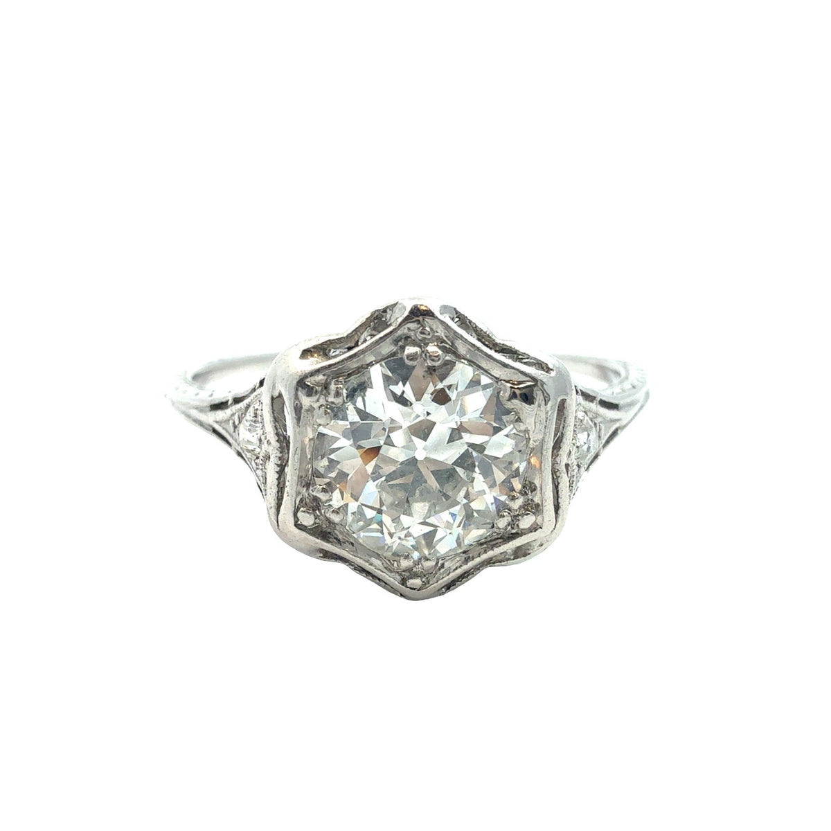 Vintage 14k White Gold 1.00tcw Euro-Cut Diamond Art Deco Engagement Ring Size 75