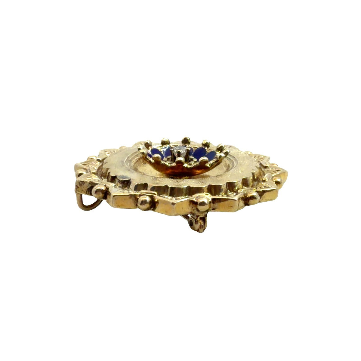 Antique Stamped 14k Yellow Gold Old Mine 0.07cttw Diamond & Blue Enamel Brooch2