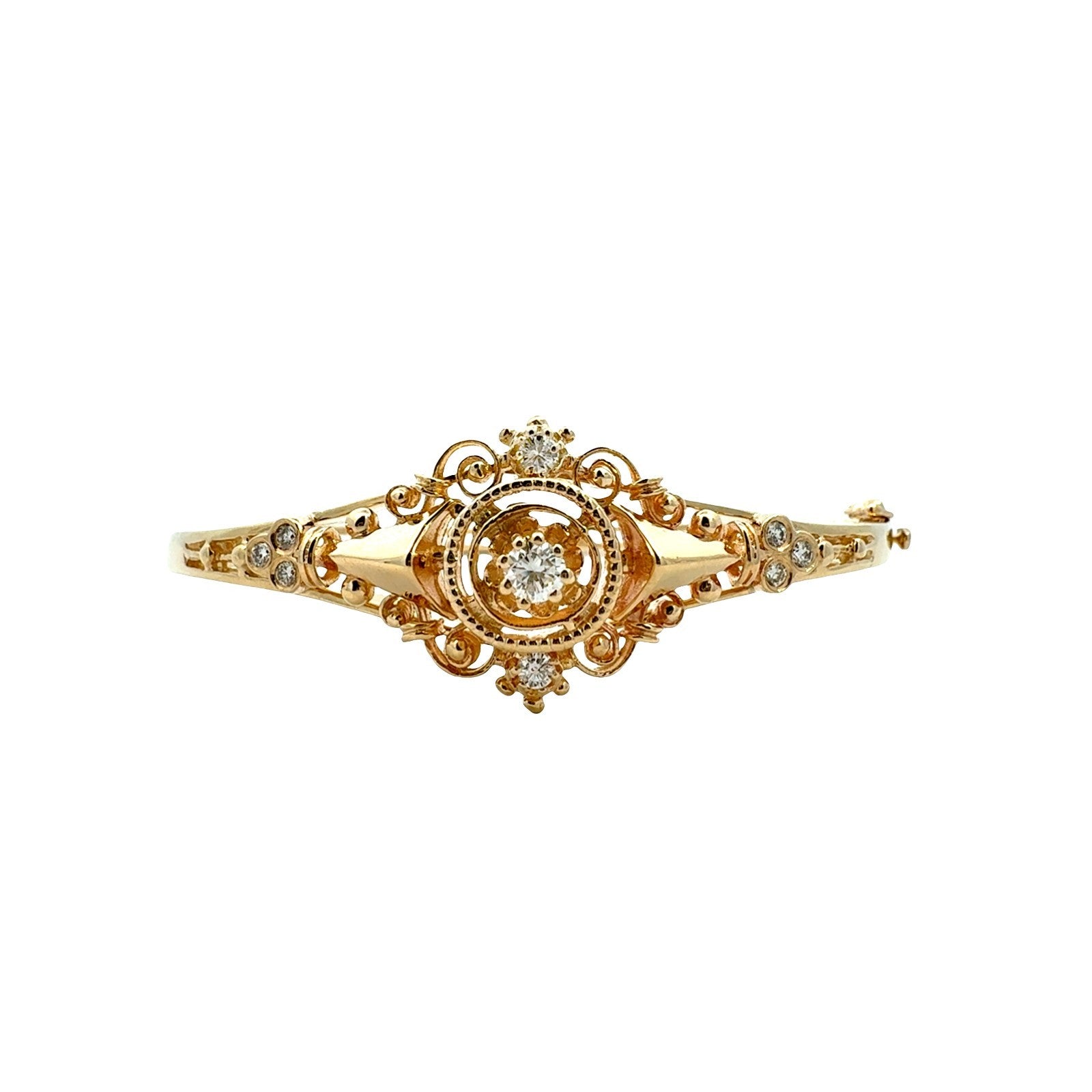 Vintage 13k Yellow Gold and 0.45cttw Diamond Filigree Hinged Bangle Bracelet0