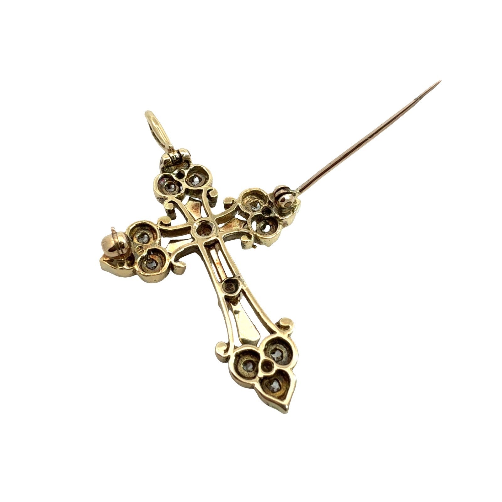 Vintage 14k Yellow Gold Ornate 0.87cttw Diamond Cross Pin Pendant6