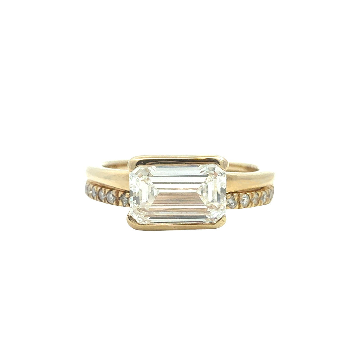 14k YG East-West Emerald-Cut 1.08tcw Diamond Engagement Ring &amp; 18k 0.10cttw Band0