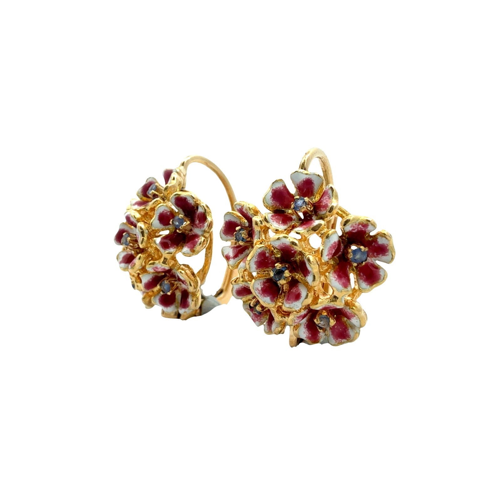 Vintage 18k Yellow Gold Enamel and 0.12cttw Sapphire Cluster Floral Earrings1