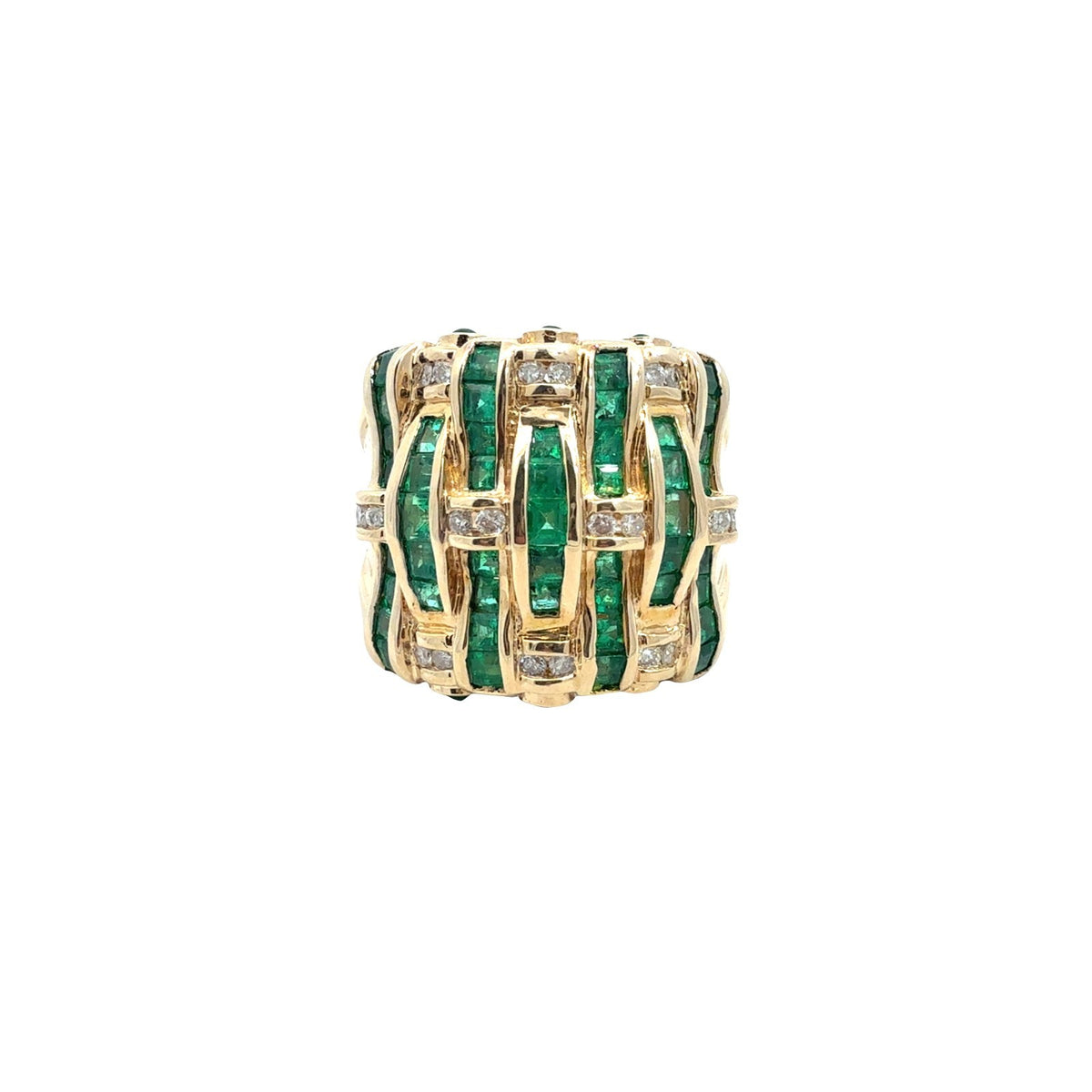 Vintage 14k Yellow Gold 0.30cttw Diamond 1.70cttw Emerald Woven Cocktail Ring0
