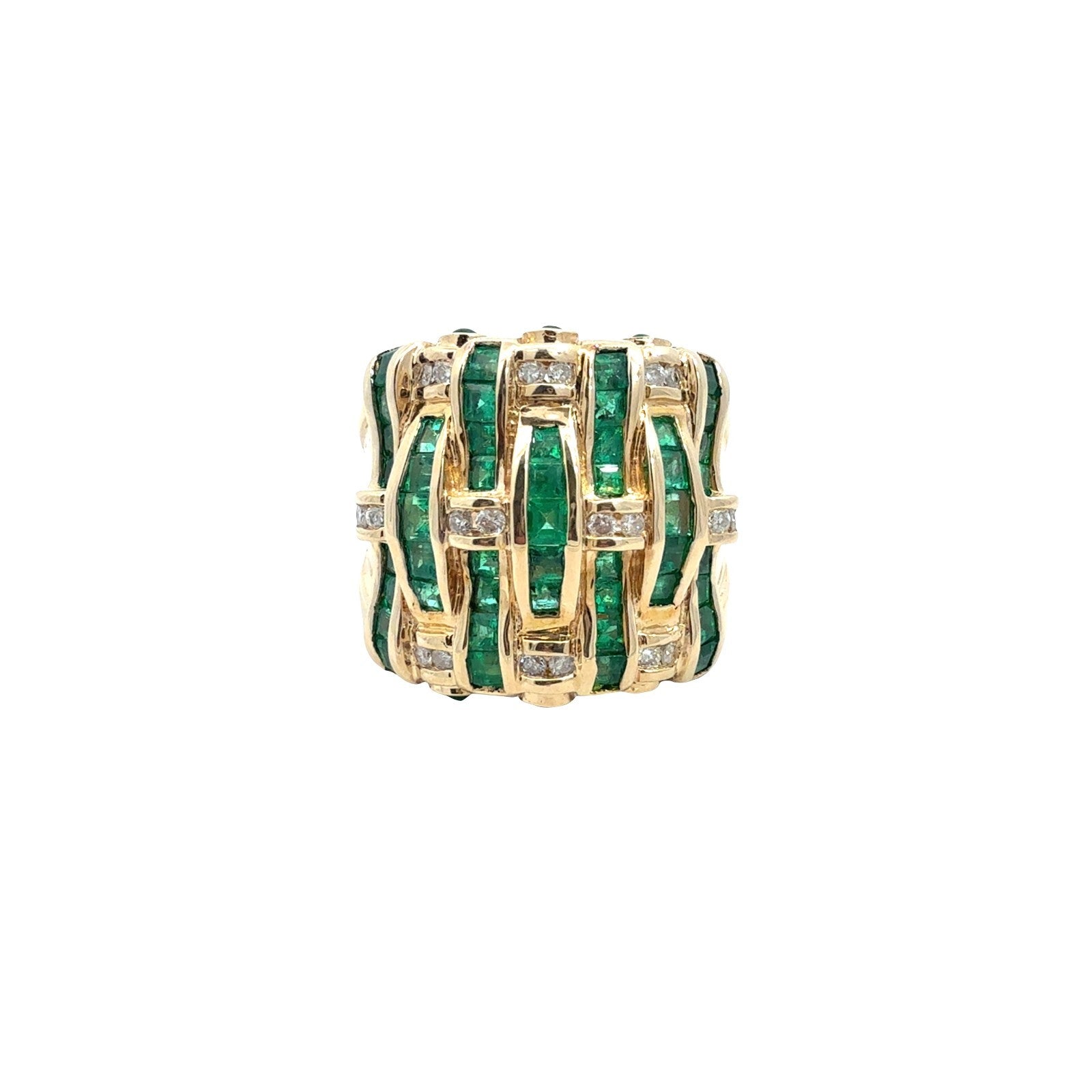 Vintage 14k Yellow Gold 0.30cttw Diamond 1.70cttw Emerald Woven Cocktail Ring0