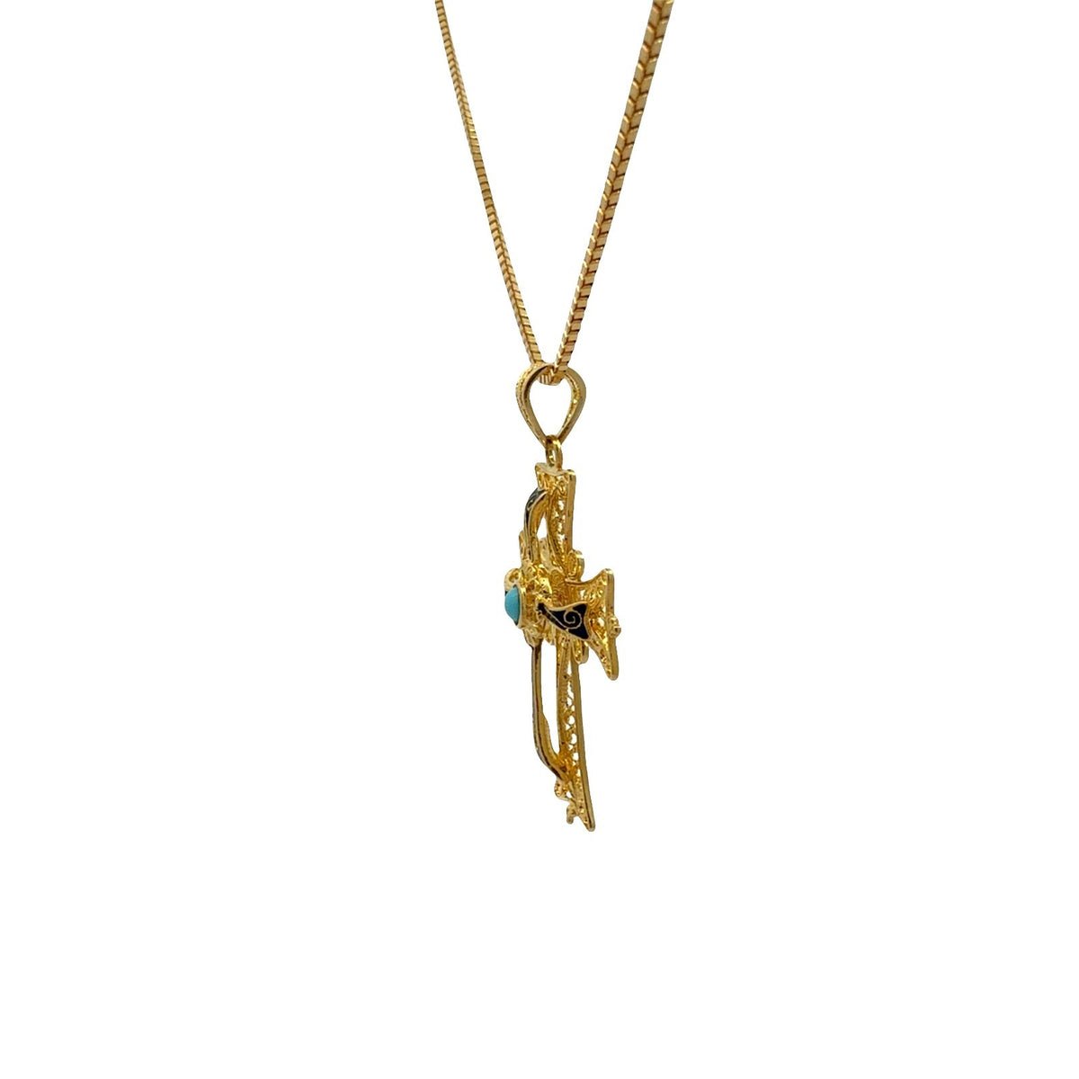 Vintage 18k Yellow Gold Turquoise and Enamel Filigree Cross Necklace2