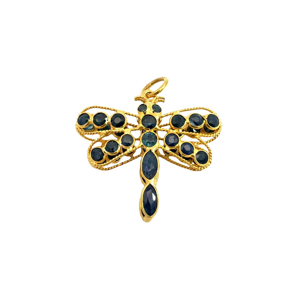 Vintage 18K Yellow Gold &amp; 1.05cttw Deep Blue Sapphire Dragonfly Pendant0