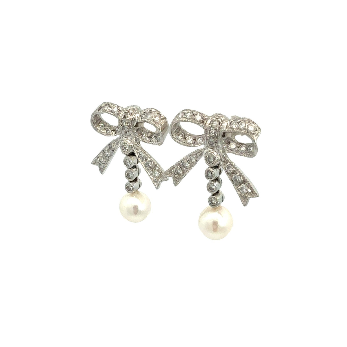 14k White Gold 0.60cttw Diamond Bow and Pearl Drop Earrings1