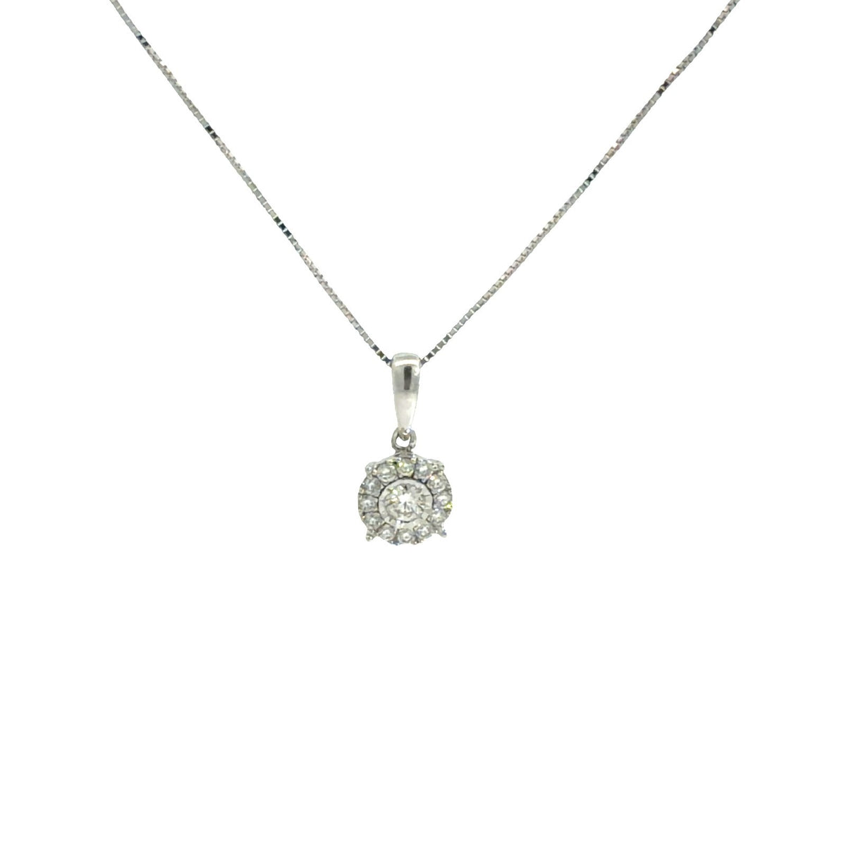 14k White Gold 0.19cttw Diamond Halo Pendant Box Chain Necklace 16"0