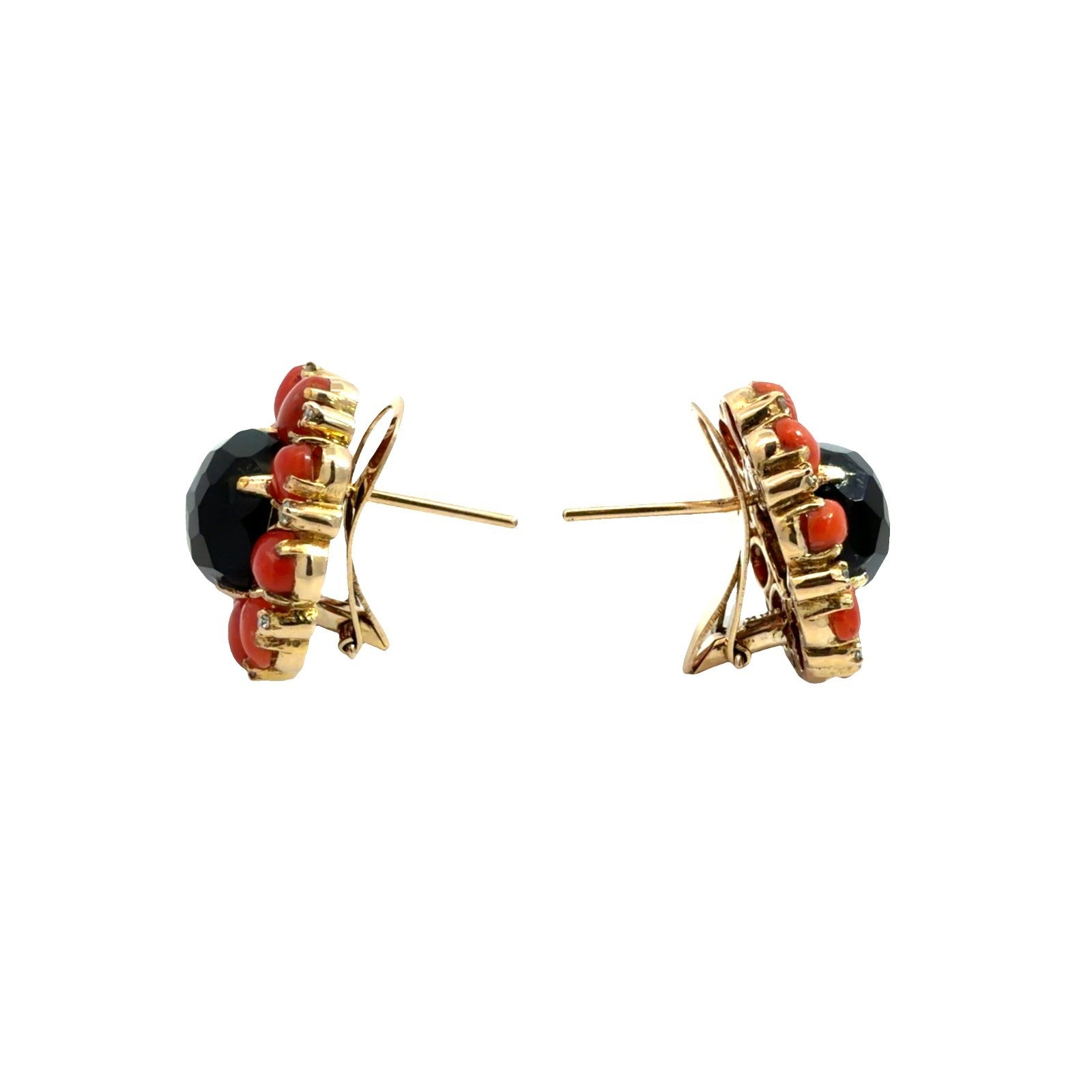 Vintage 18k Yellow Gold Orange Coral Onyx and 0.41ctw Diamond Earrings0