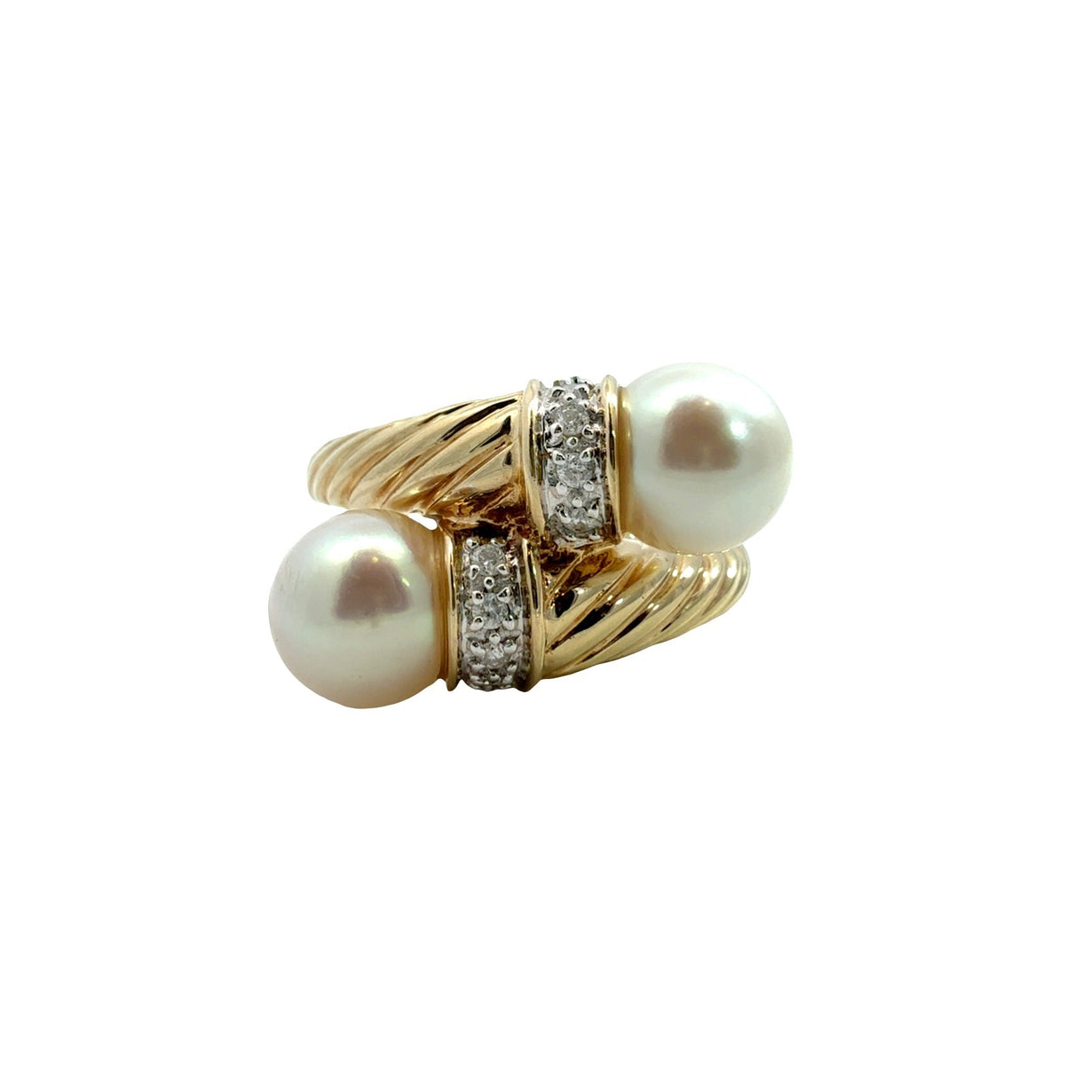 14k Yellow Gold Pearl and 0.10cttw Diamond Bypass Cocktail Ring0