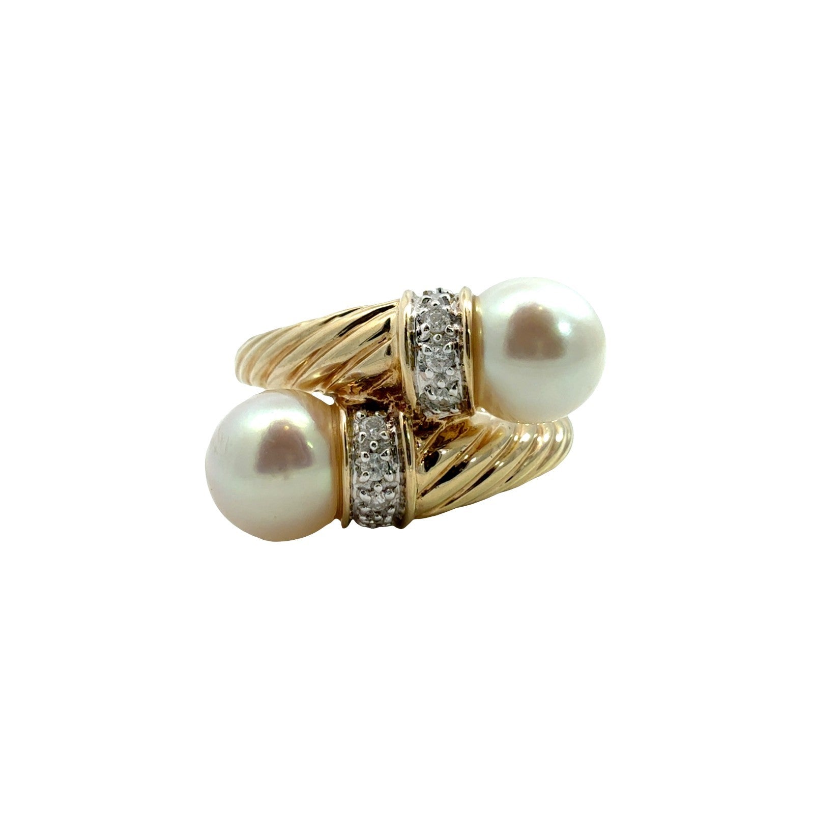 14k Yellow Gold Pearl and 0.10cttw Diamond Bypass Cocktail Ring0