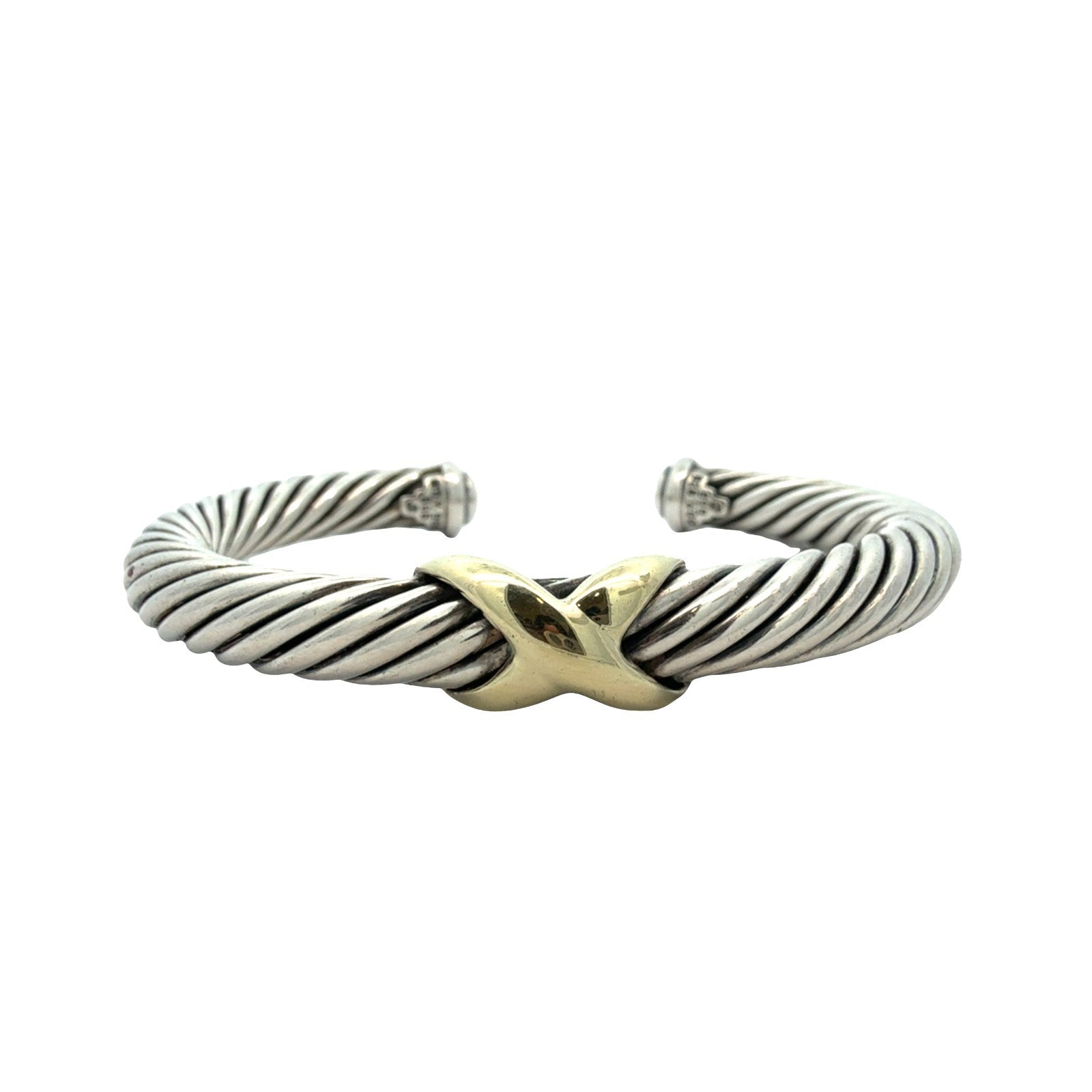 David Yurman Sterling Silver & 14k Yellow Gold Twisted Cable X Cuff Bracelet M0
