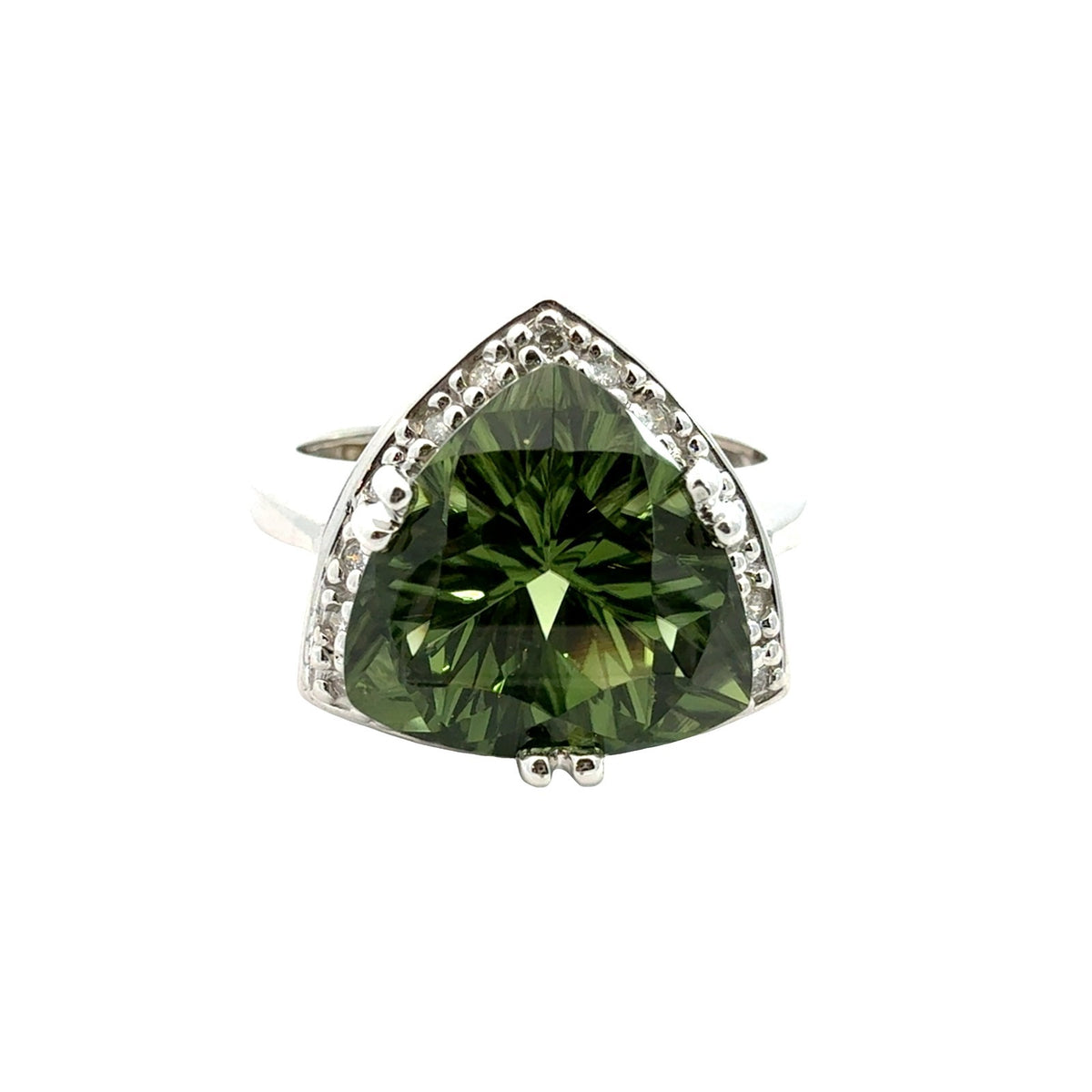 14k White Gold Trillion-Cut 6.57tcw Green Diopside and 0.18cttw Diamond Ring0
