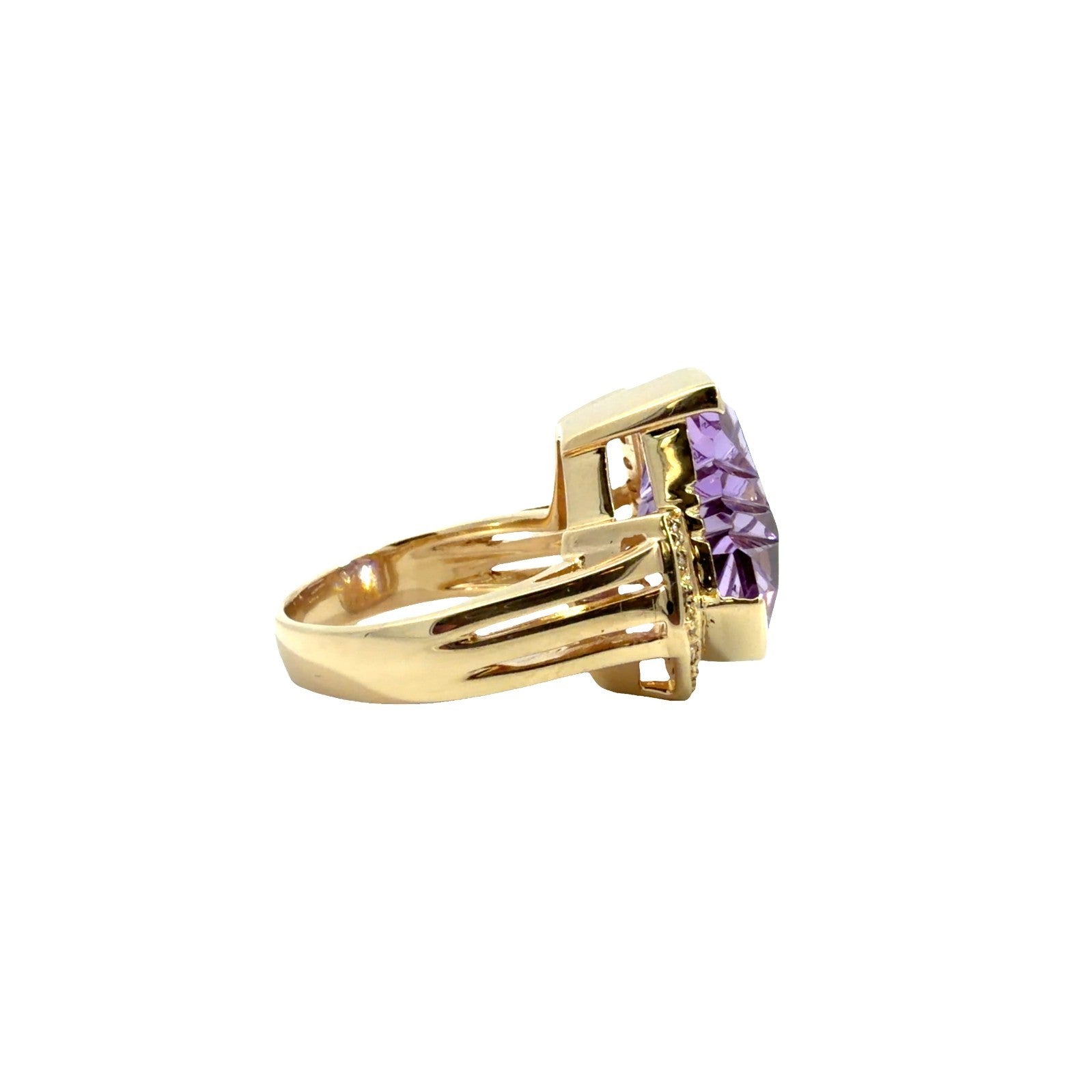 14k Yellow Gold Fantasy Cut Amethyst & 0.20cttw Diamond Cocktail Ring Size 6.52