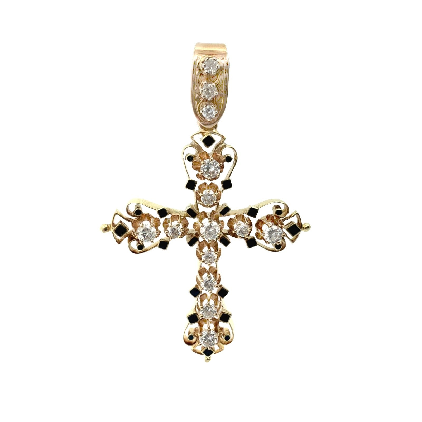 Vintage 14k Yellow Gold Enamel and 2.18cttw Diamond Filigree Cross Pendant0