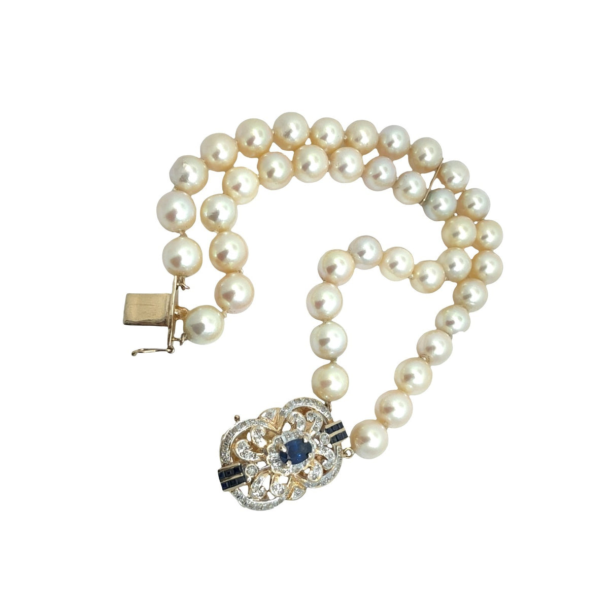 Vintage 14k Yellow Gold Strand Pearl 0.74cttw Sapphire 0.34cttw Diamond Bracelet1
