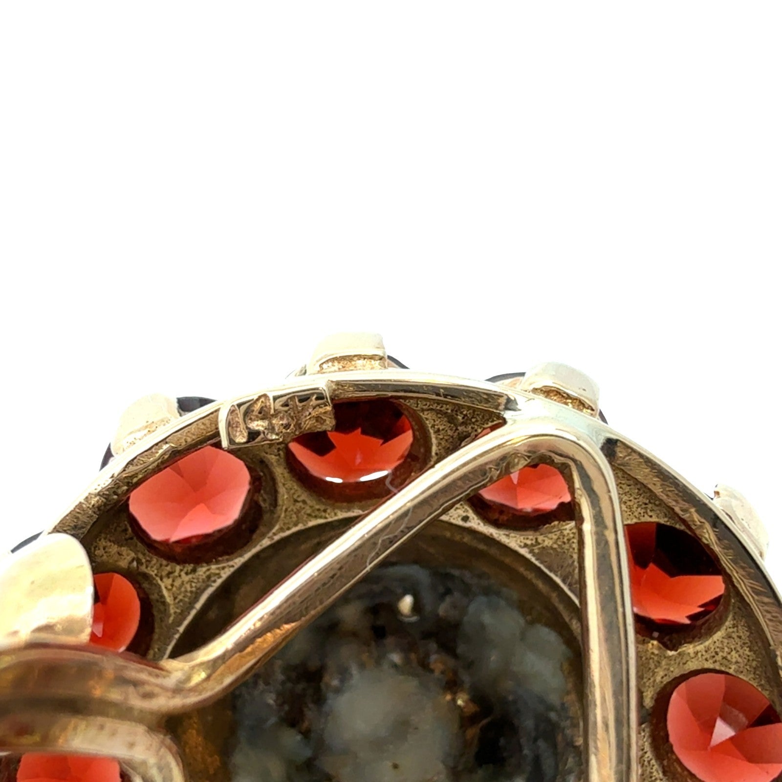 Vintage 14k Yellow Gold Stamped Pearl & 4.68cttw Garnet Halo Cocktail Ring5