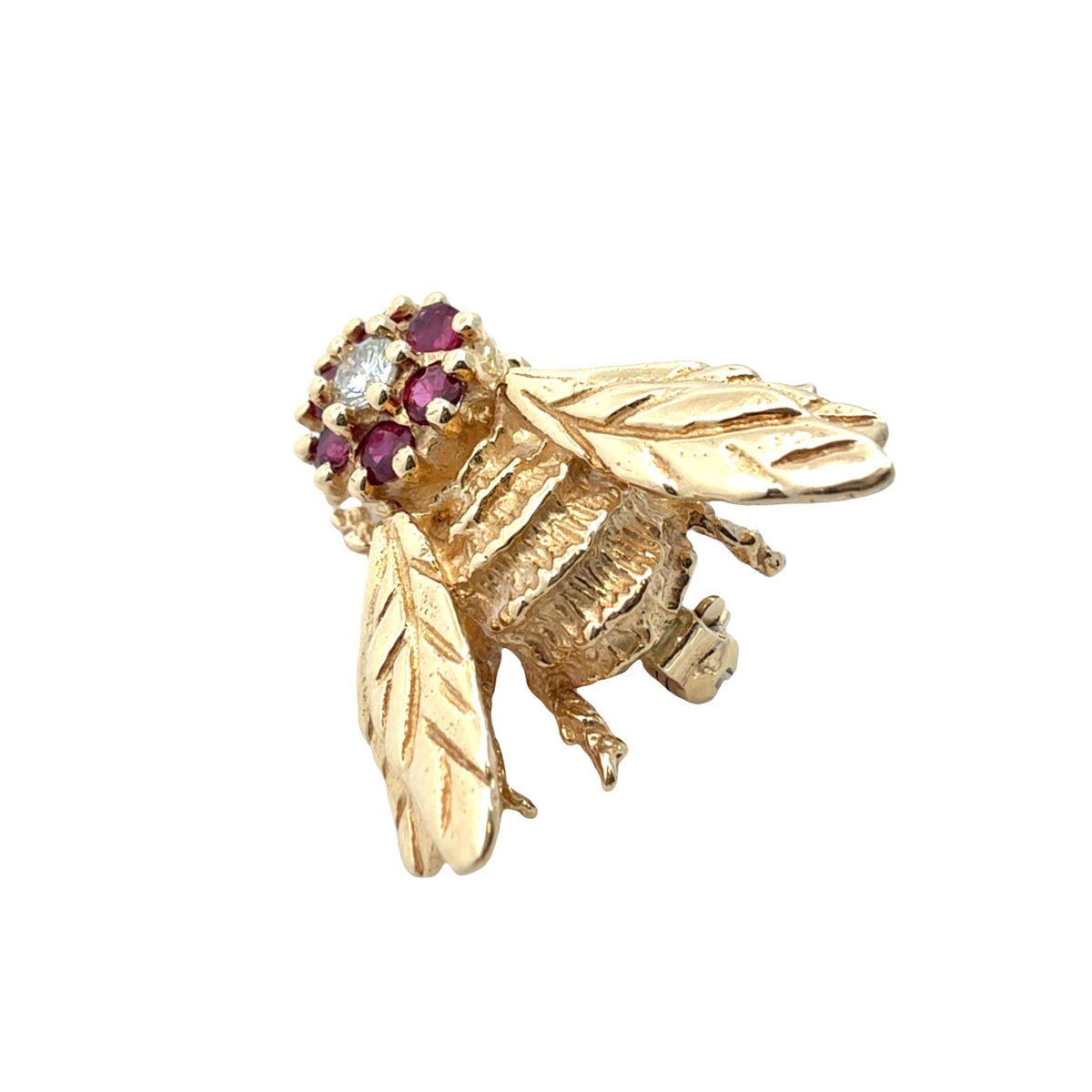 Vintage 14k Yellow Gold 0.10cttw Diamond and 0.36cttw Ruby Bee Pin1