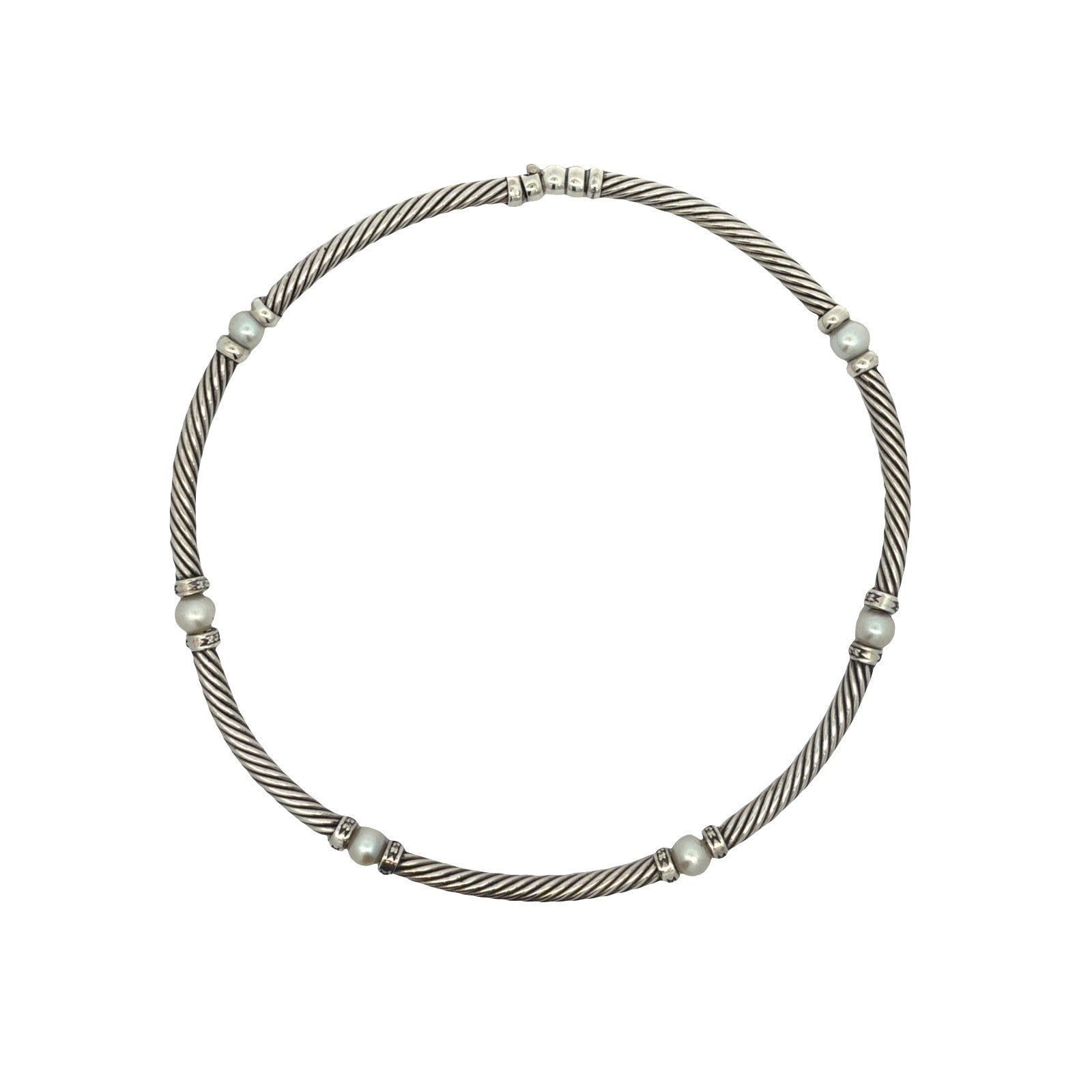 David Yurman Sterling Silver Pearl & 0.64cttw Diamond Hampton Cable Choker 15.5"0