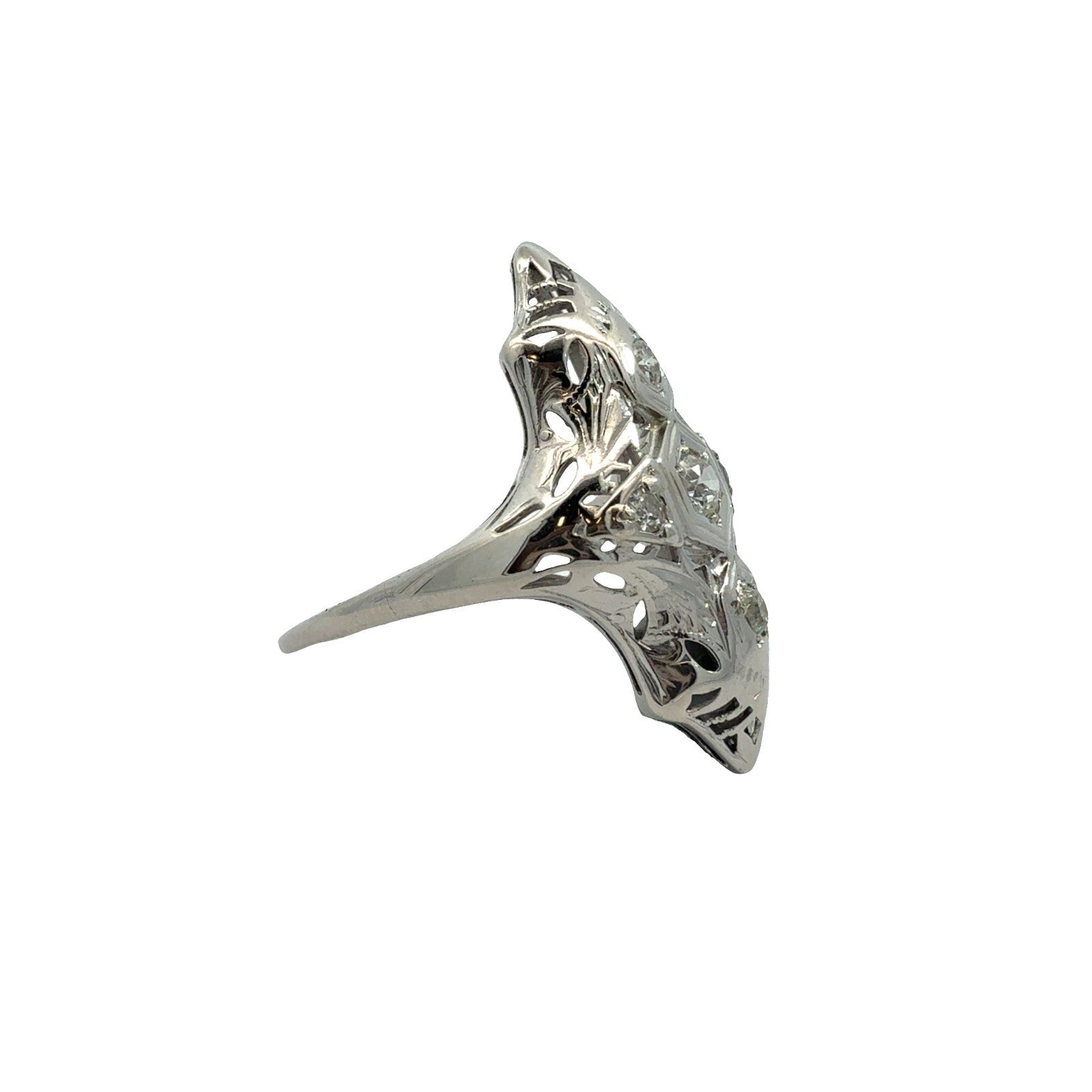 Vintage Art Deco 18k White Gold 0.32ctw Euro Cut Diamonds Navette Ring Size 60