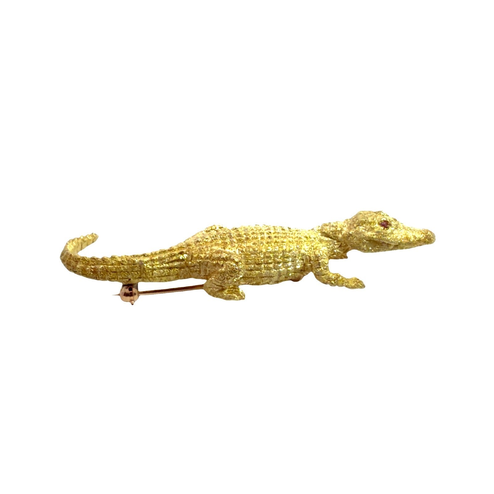 18k Stamped Yellow Gold Crocodile Brooch with Ruby and Diamond3
