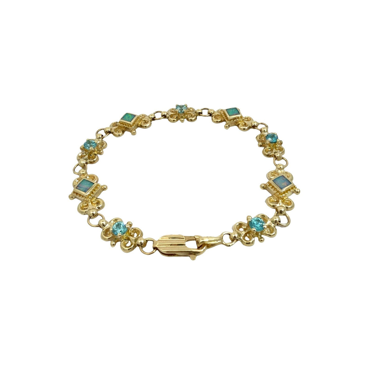 14k Yellow Gold 1.55cttw Blue Zircon & Opal Filigree Chain Bracelet 7.25"3