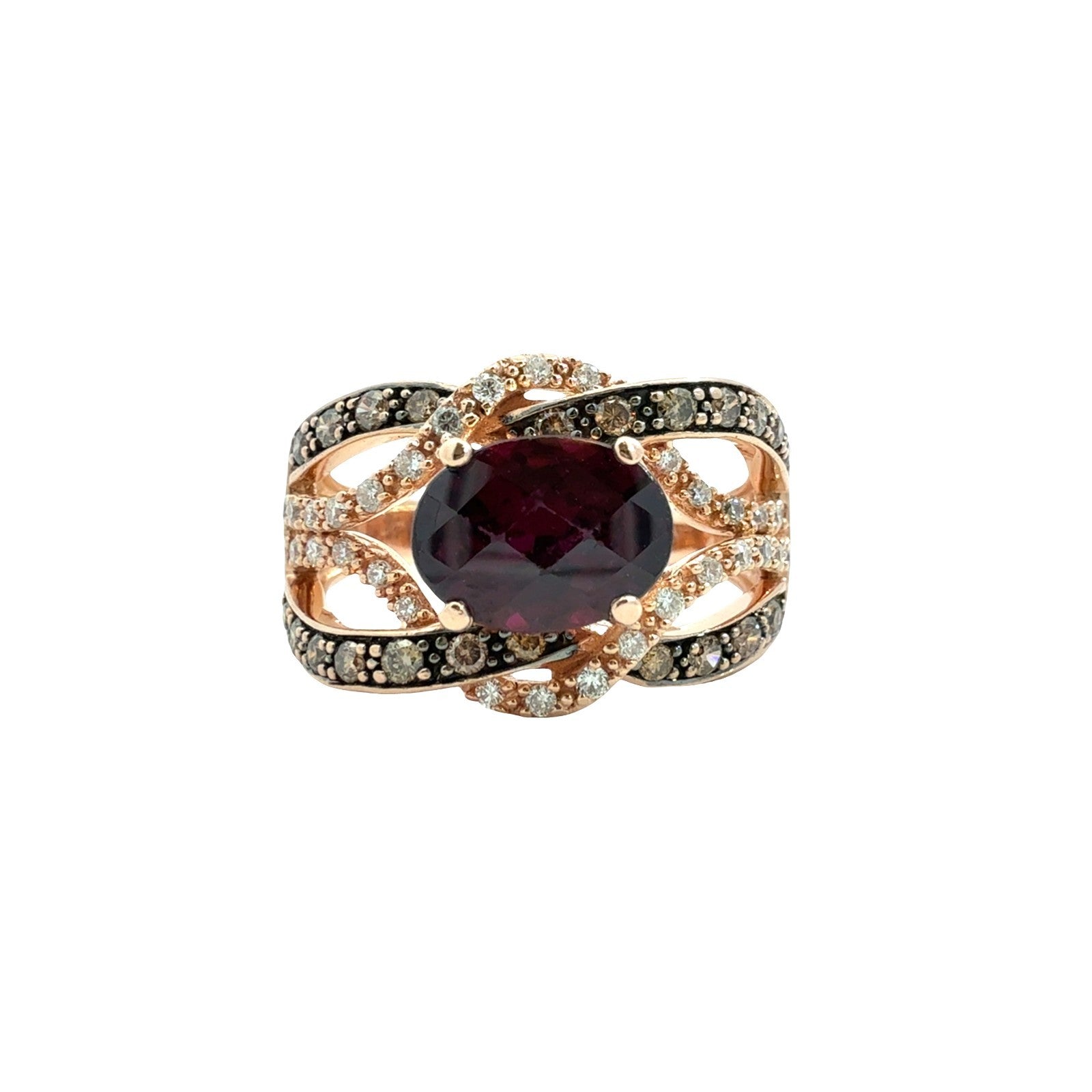 LeVian 14k Rose Gold Oval 2.22tcw Garnet 0.54cttw Chocolate & White Diamond Ring0