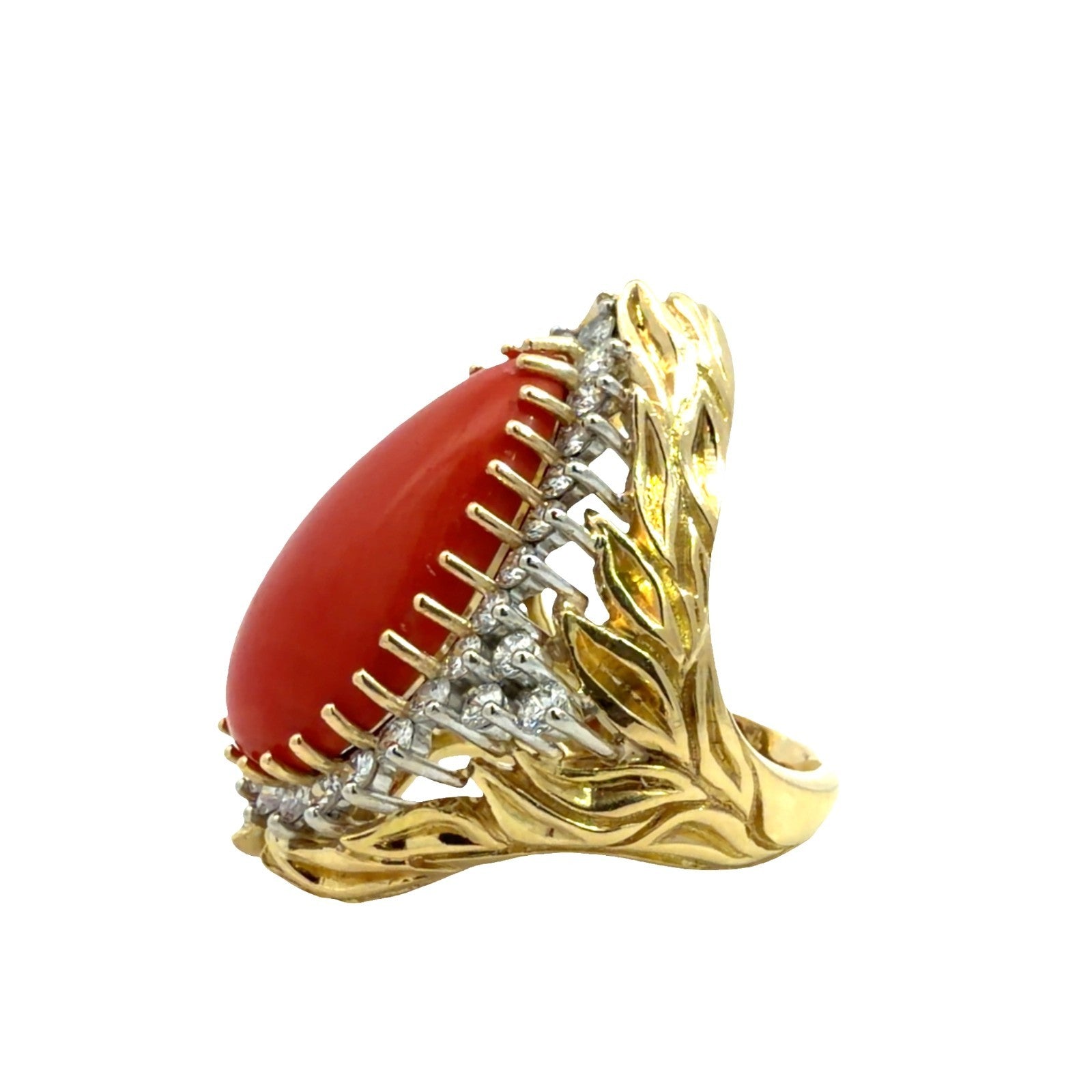 18k Yellow Gold Pear Coral and 1.90ctw Diamond Cocktail Ring Size 6.753