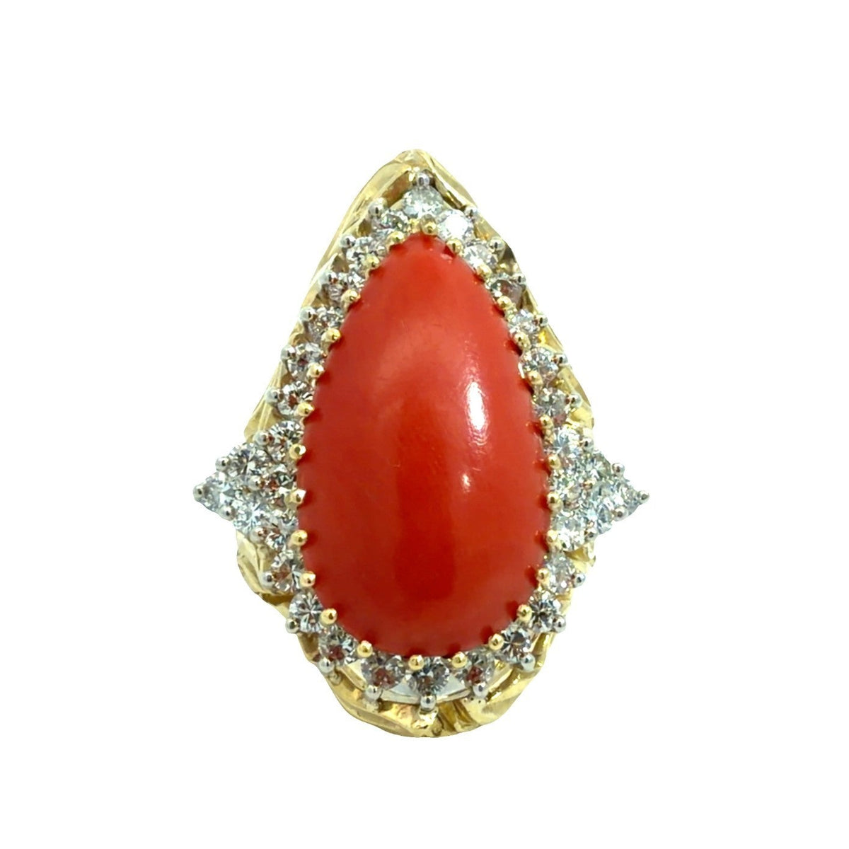 18k Yellow Gold Pear Coral and 1.90ctw Diamond Cocktail Ring Size 6.750