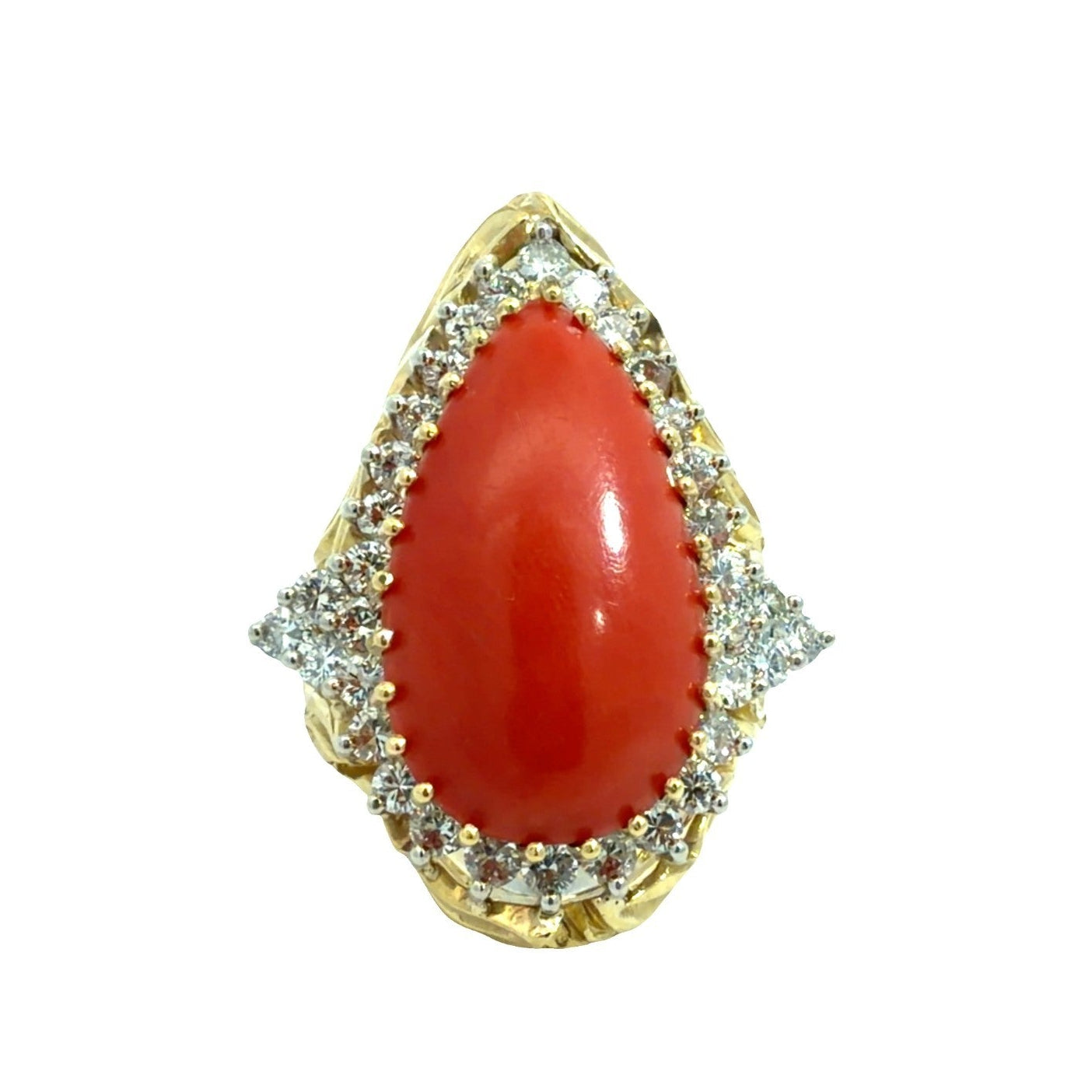 18k Yellow Gold Pear Coral and 1.90ctw Diamond Cocktail Ring Size 6.750