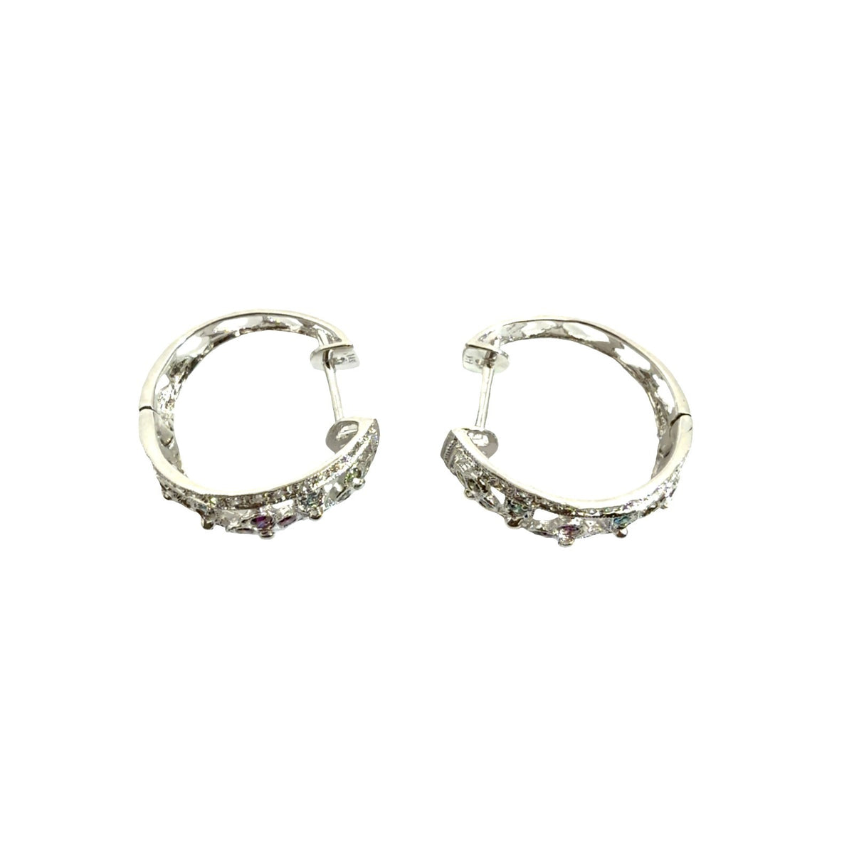 14k White Gold Multi-Color 0.82cttw Diamond Floral Openwork Hoop Earrings3