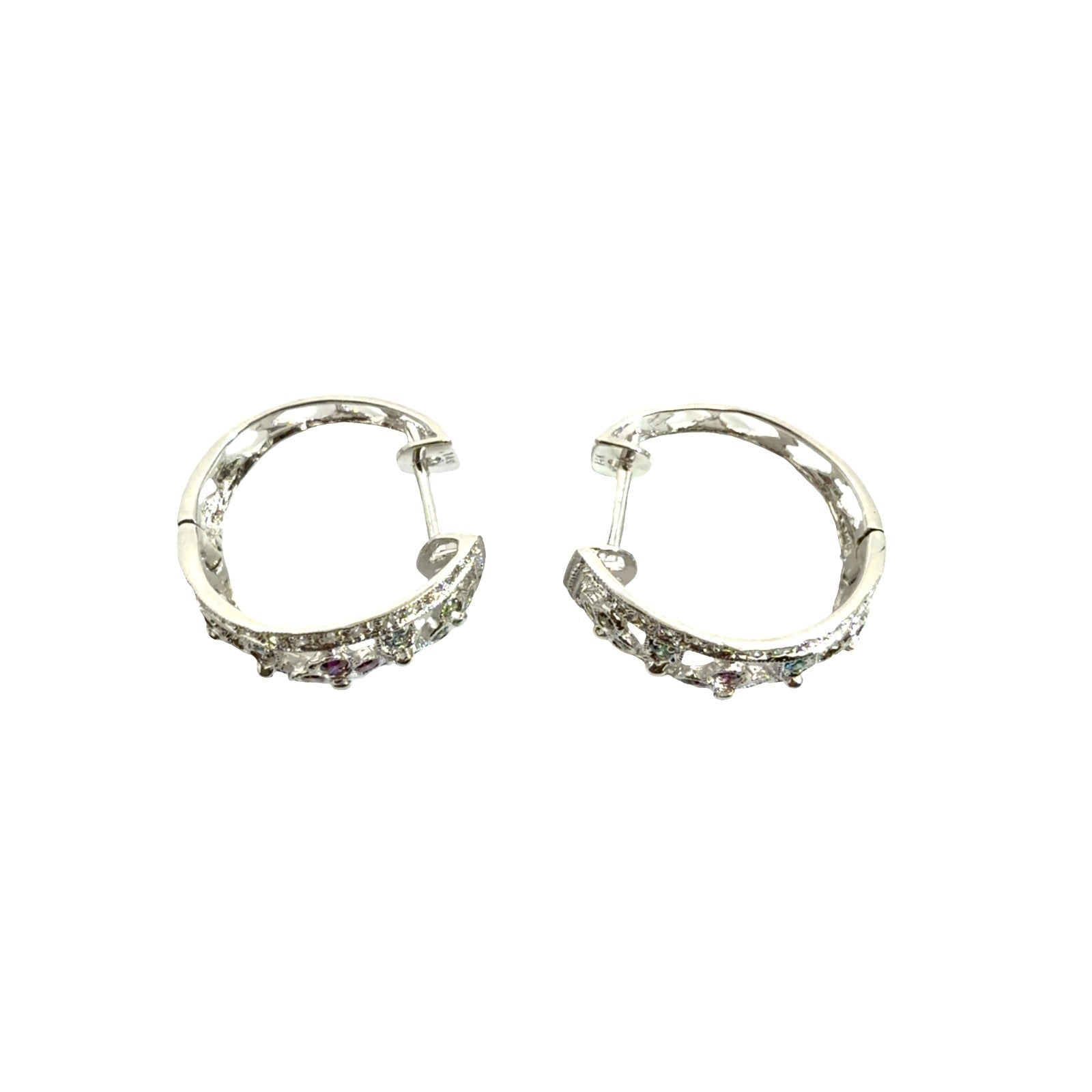 14k White Gold Multi-Color 0.82cttw Diamond Floral Openwork Hoop Earrings3