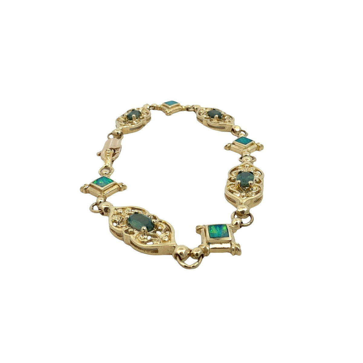 Vintage 14k Yellow Gold 1.85cttw Chrysoberyl and Opal Filigree Link Bracelet2