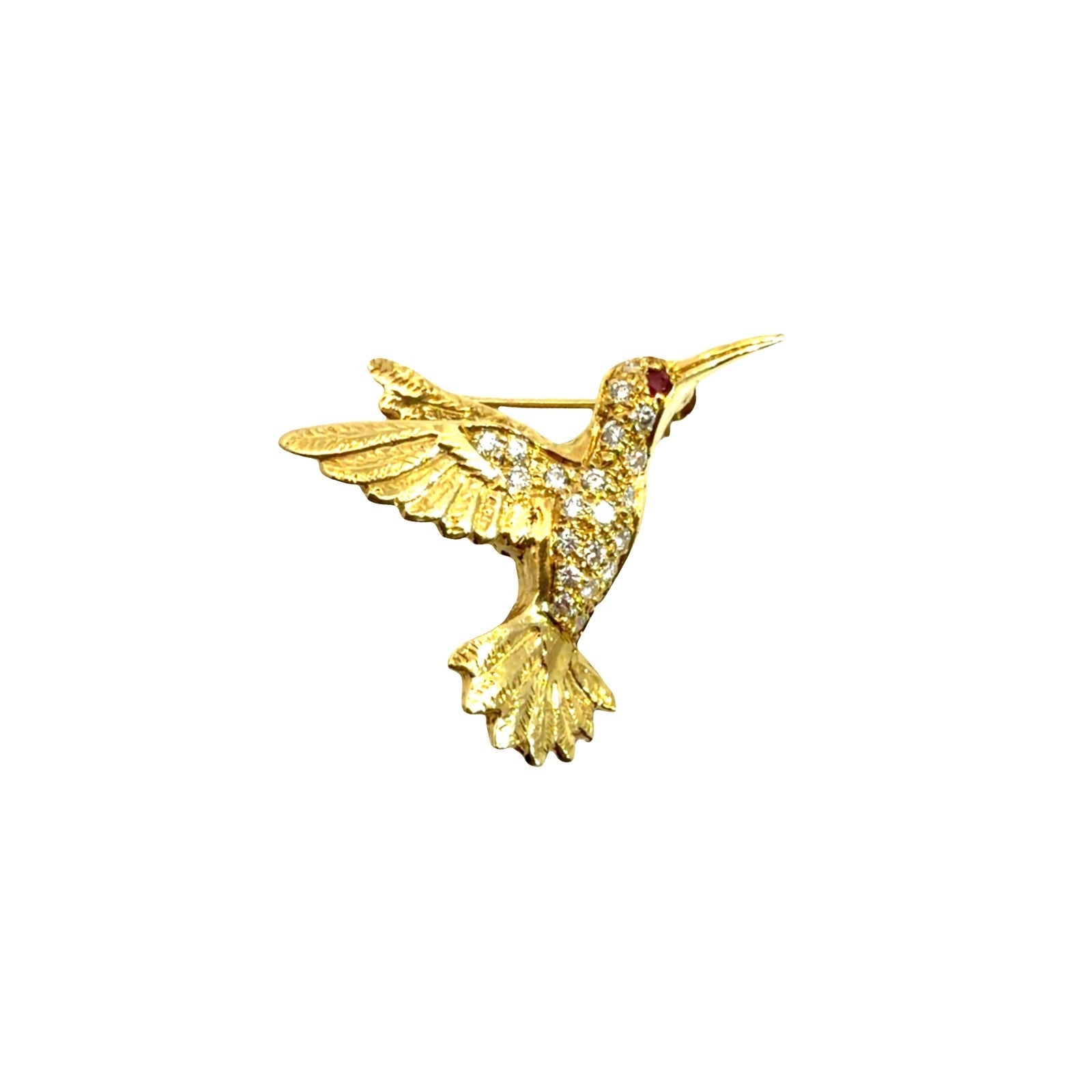Vintage 18k Yellow Gold 0.18cttw Diamond & 0.01tcw Ruby Hummingbird Pin0