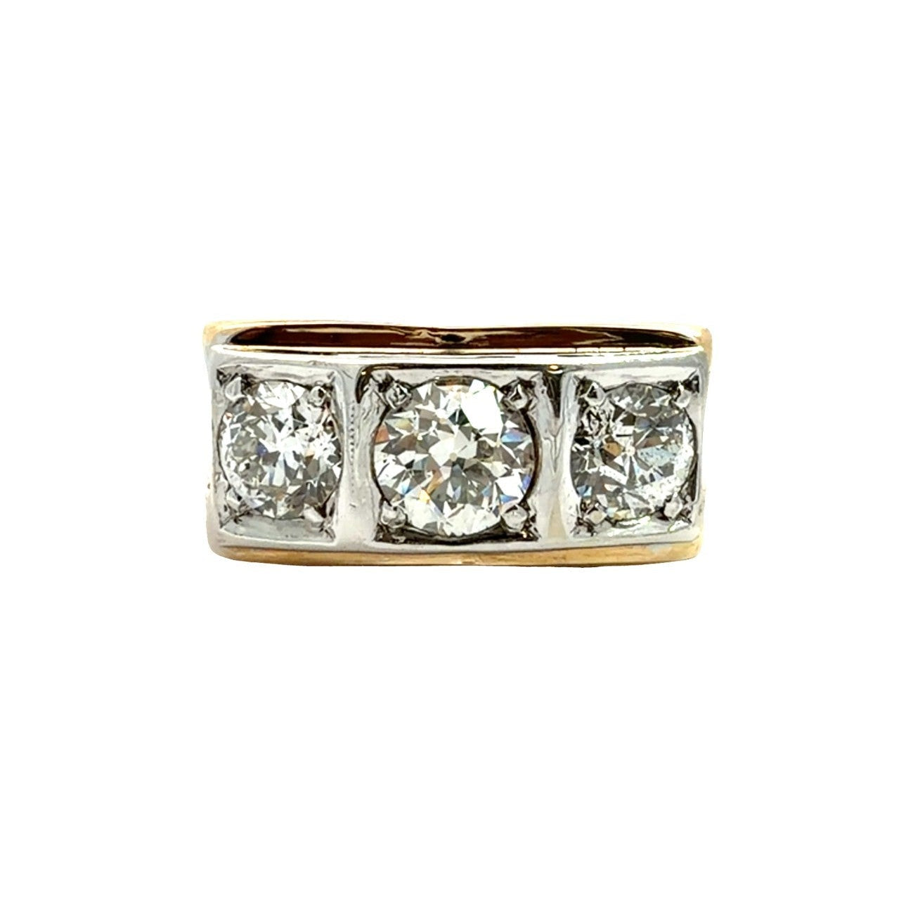 Vintage 14k Yellow Gold Two Toned 1.75ctw 3 Stone Euro Cut Diamond Ring Size 8.50