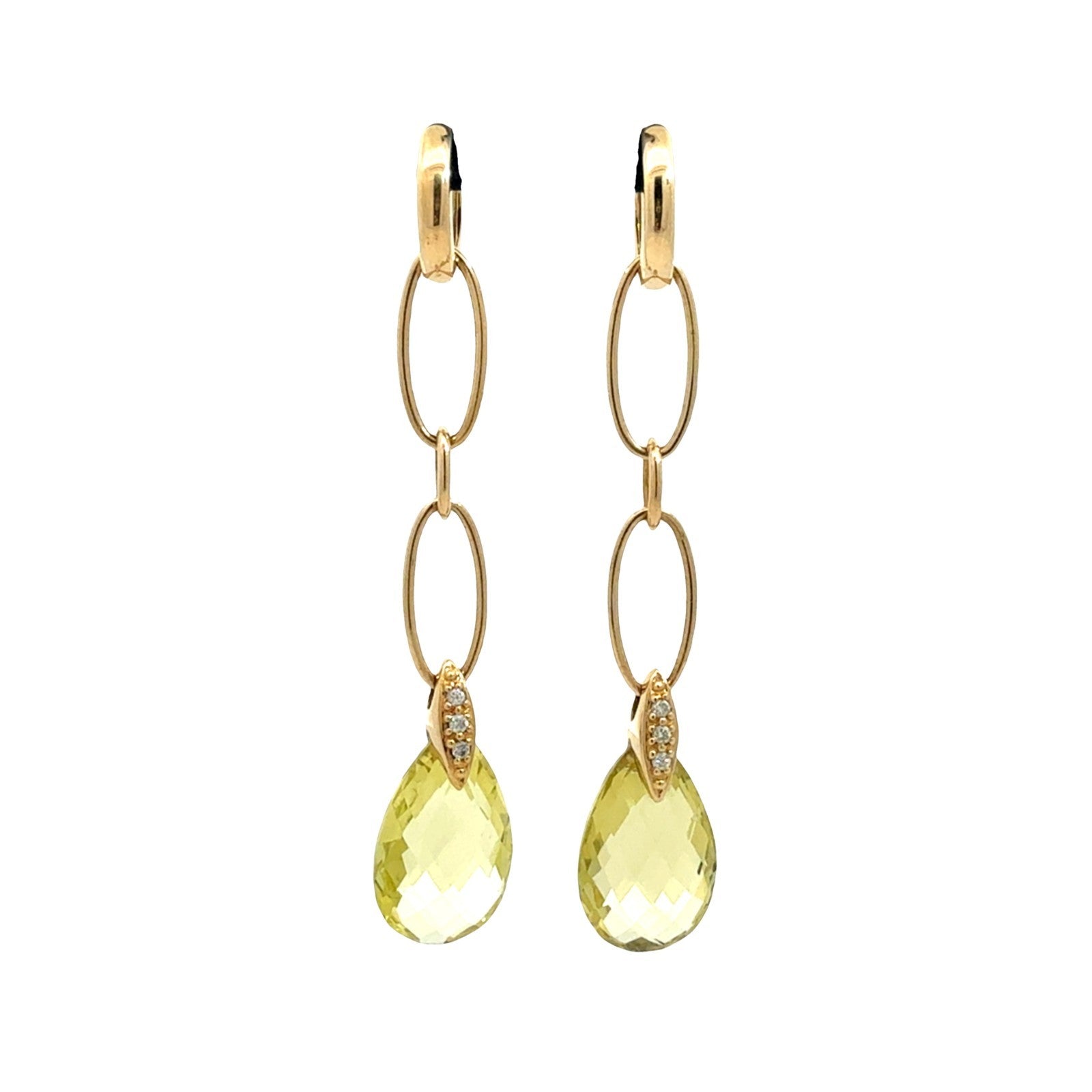 18k Yellow Gold 0.11cttw Diamond and Lemon Quartz Briolette Dangle Earrings0