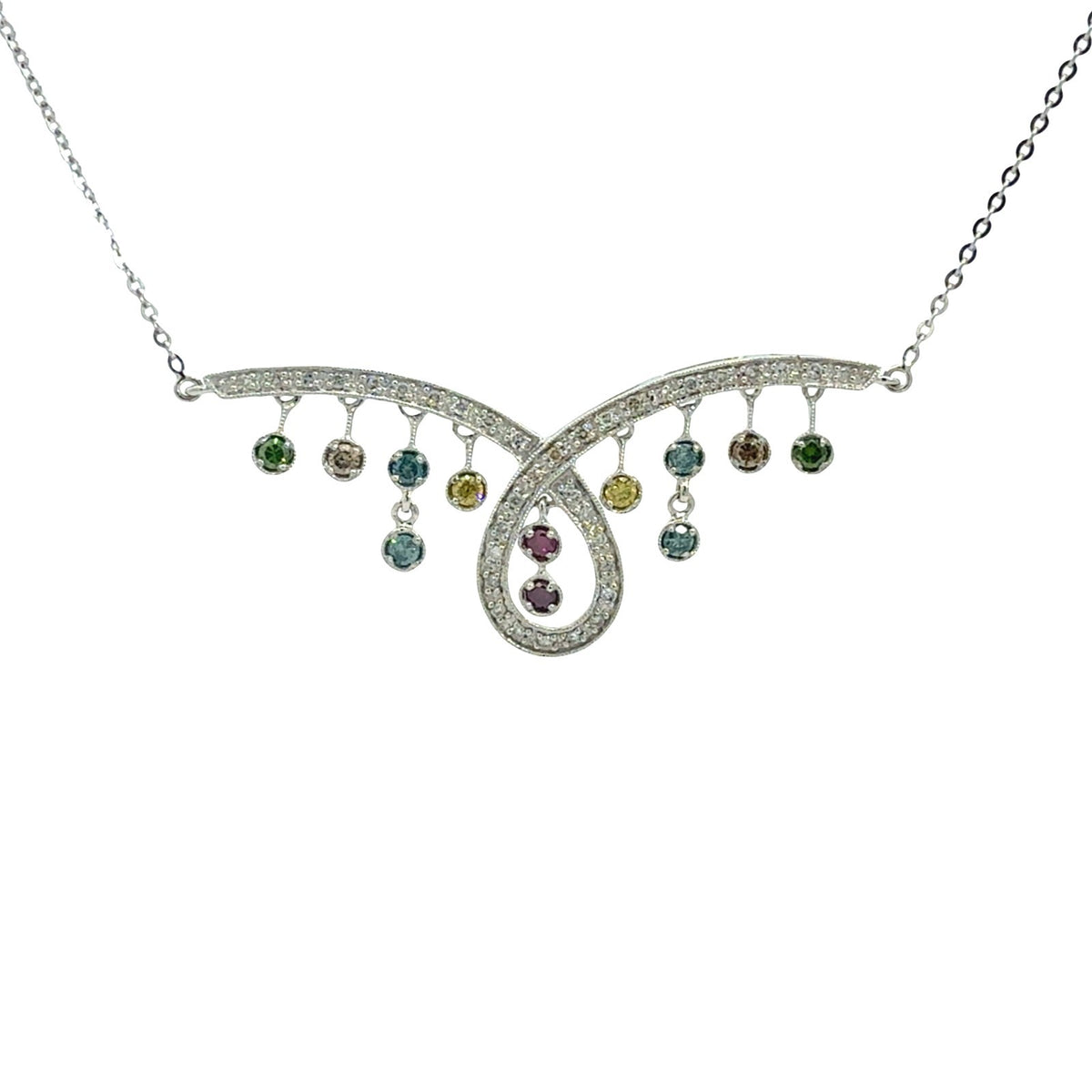 14k White Gold Multi Color 0.83cttw Diamond Fringe Pendant Necklace 0