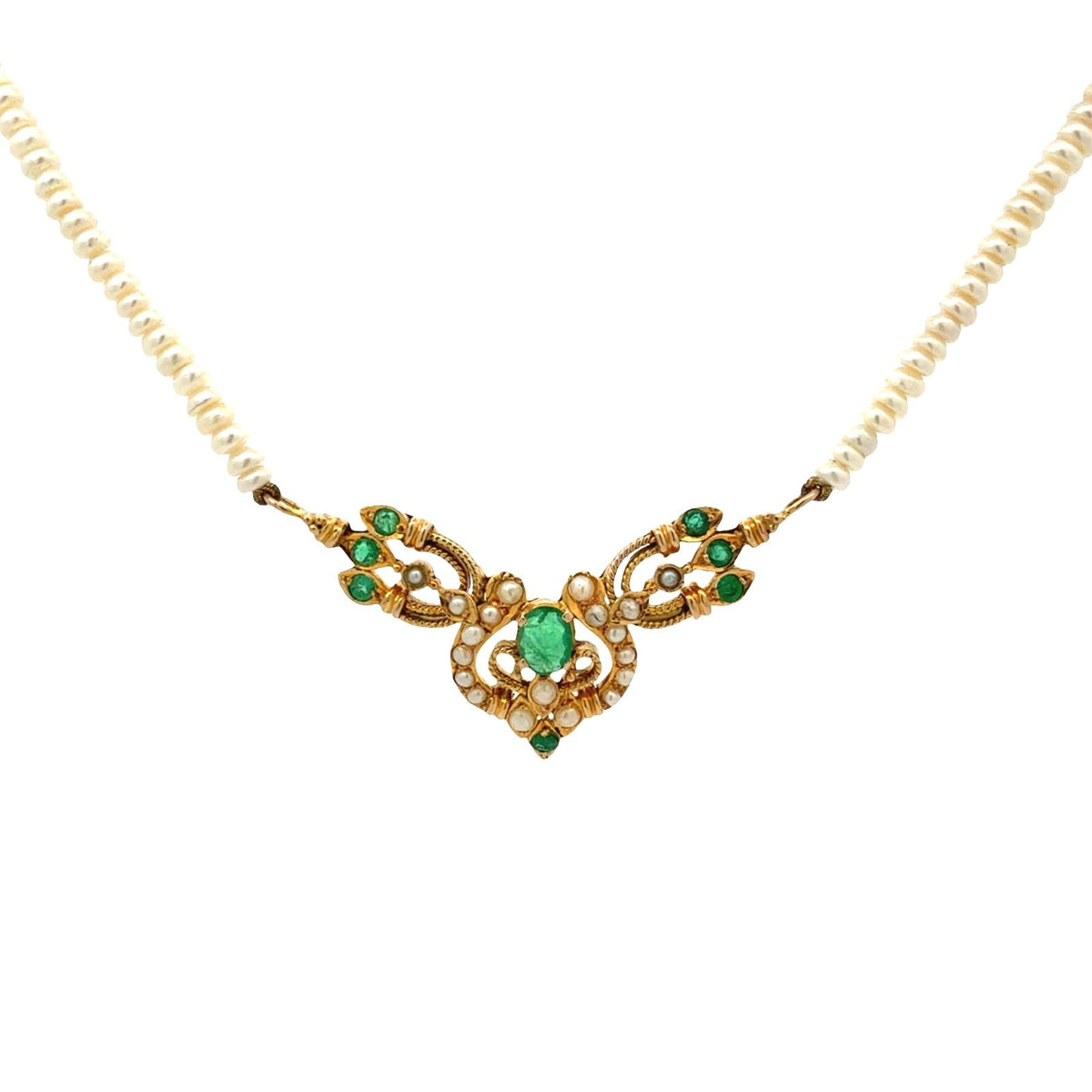Antique Victorian 14k Yellow Gold Pearl and 0.77ctw Emerald Necklace1