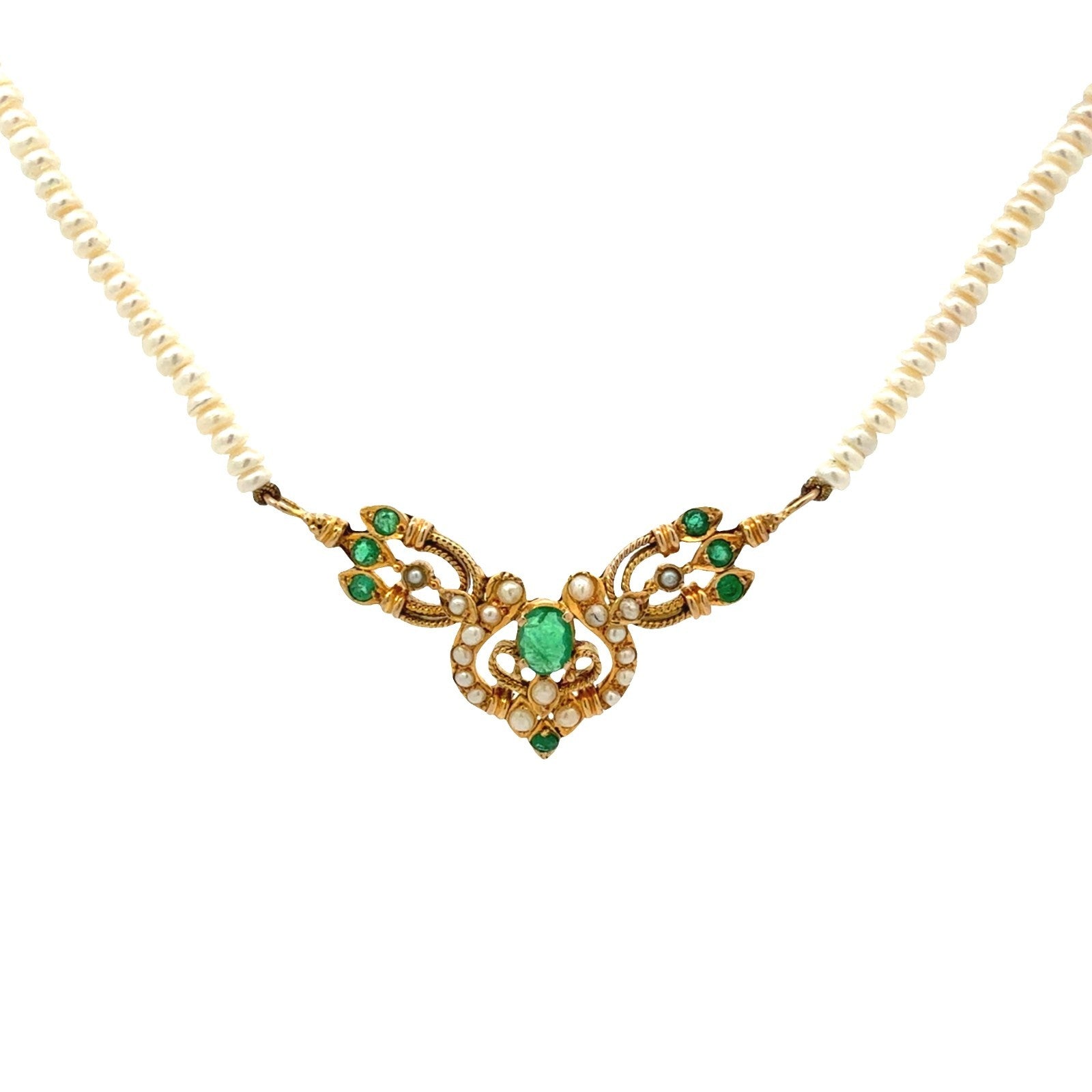 Antique Victorian 14k Yellow Gold Pearl and 0.77ctw Emerald Necklace0
