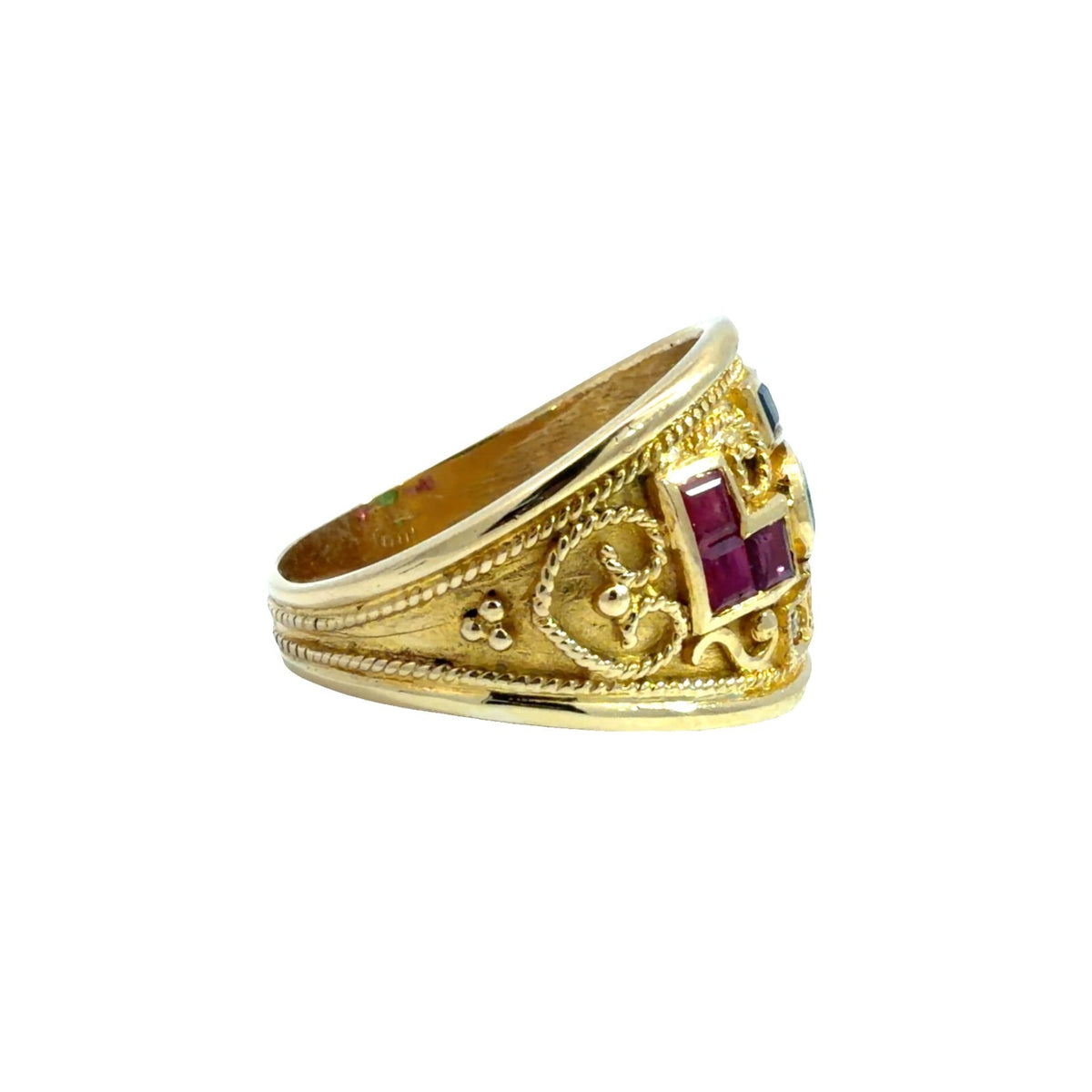 18k Yellow Gold Emerald, Ruby, Sapphire, and Diamond Byzantine Style Ring1