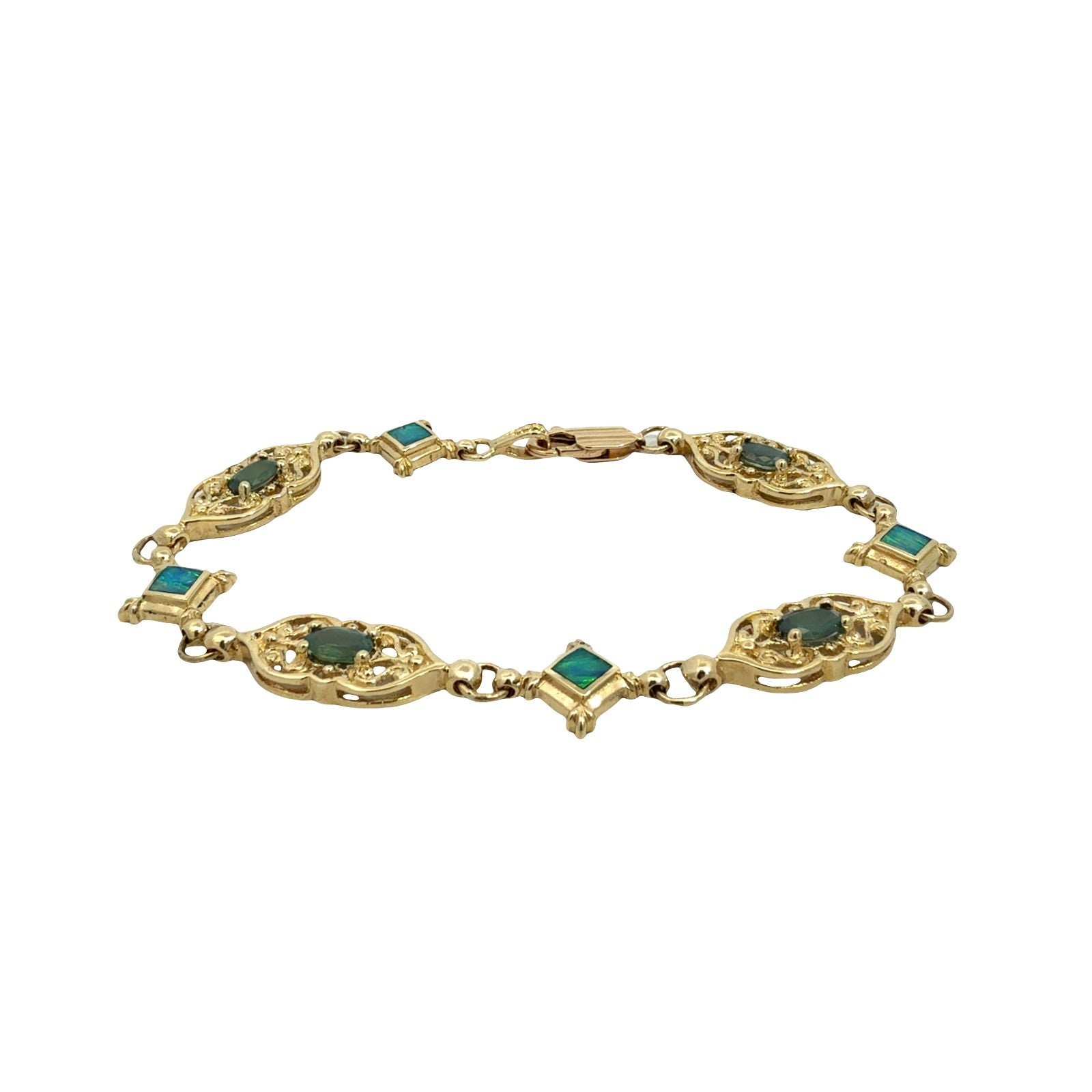 Vintage 14k Yellow Gold 1.85cttw Chrysoberyl and Opal Filigree Link Bracelet0