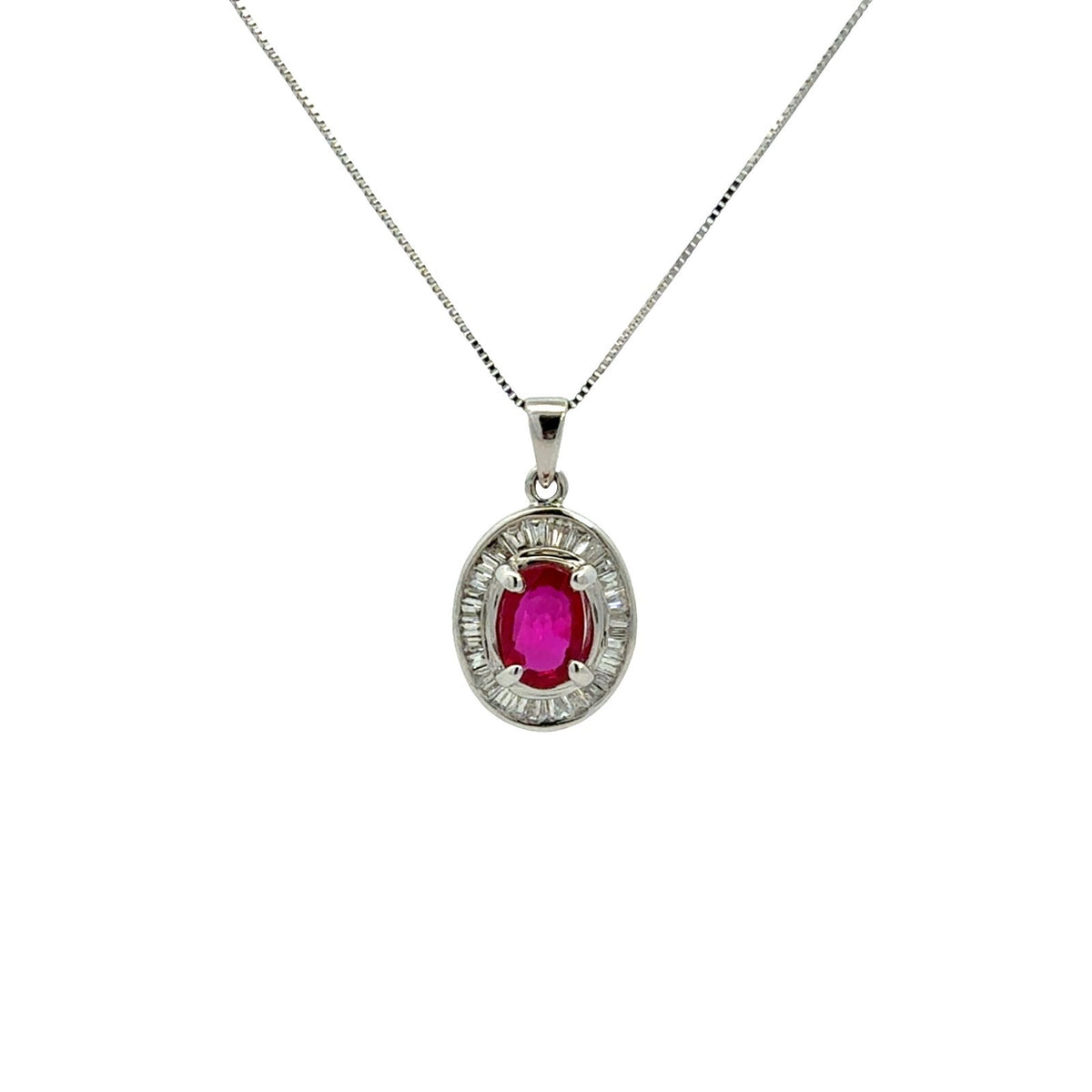 18k White Gold 0.83tcw Oval Ruby and 0.35cttw Diamond Halo Pendant Necklace0