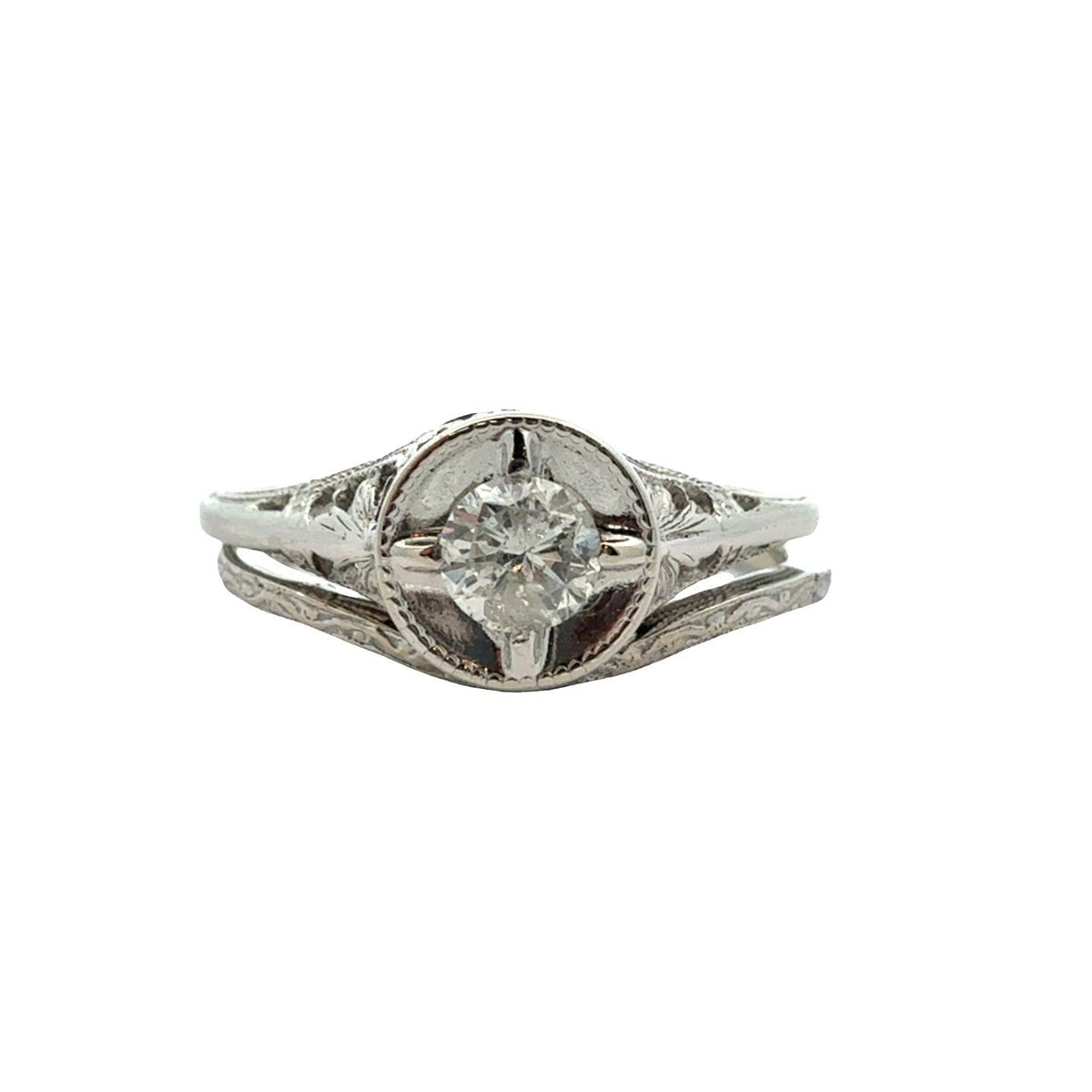 Vintage 14k White Gold 0.23ctw Diamond Engagement &amp; Wedding Ring Set Size 5.50
