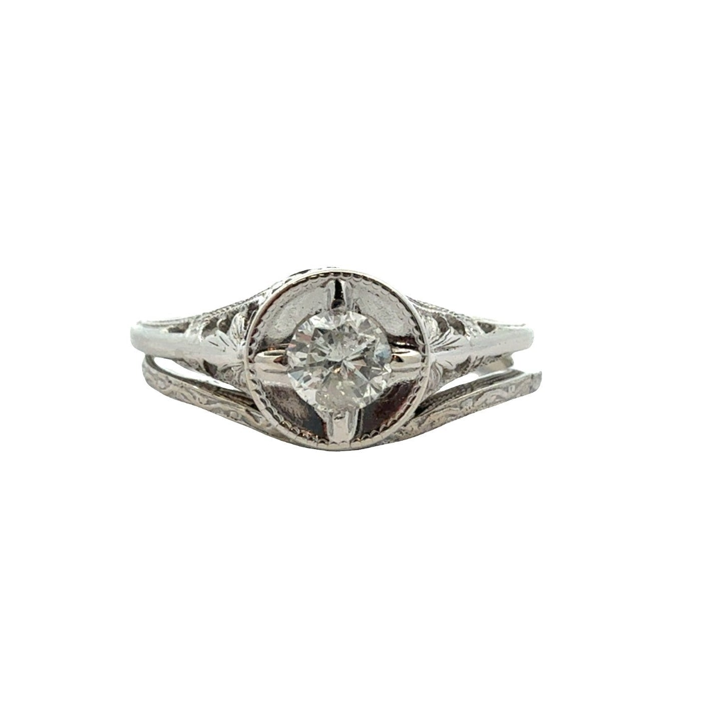 Vintage 14k White Gold 0.23ctw Diamond Engagement & Wedding Ring Set Size 5.50