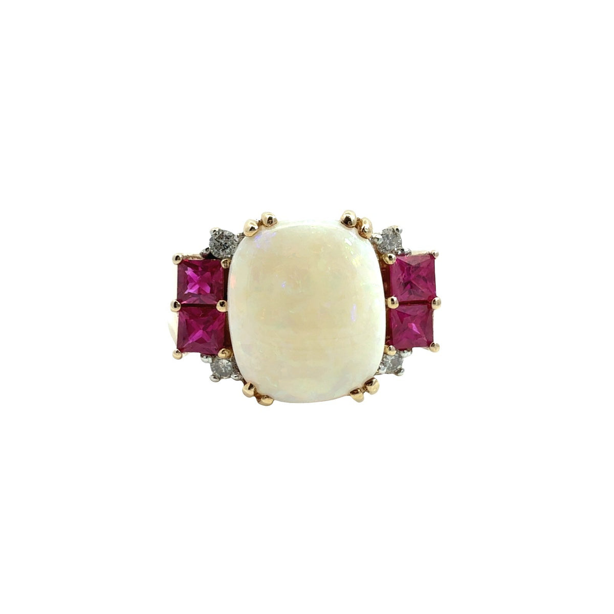 Vintage 14k Yellow Gold 1.13tcw Oval Opal 0.51cttw Ruby &amp; 0.11cttw Diamond Ring0