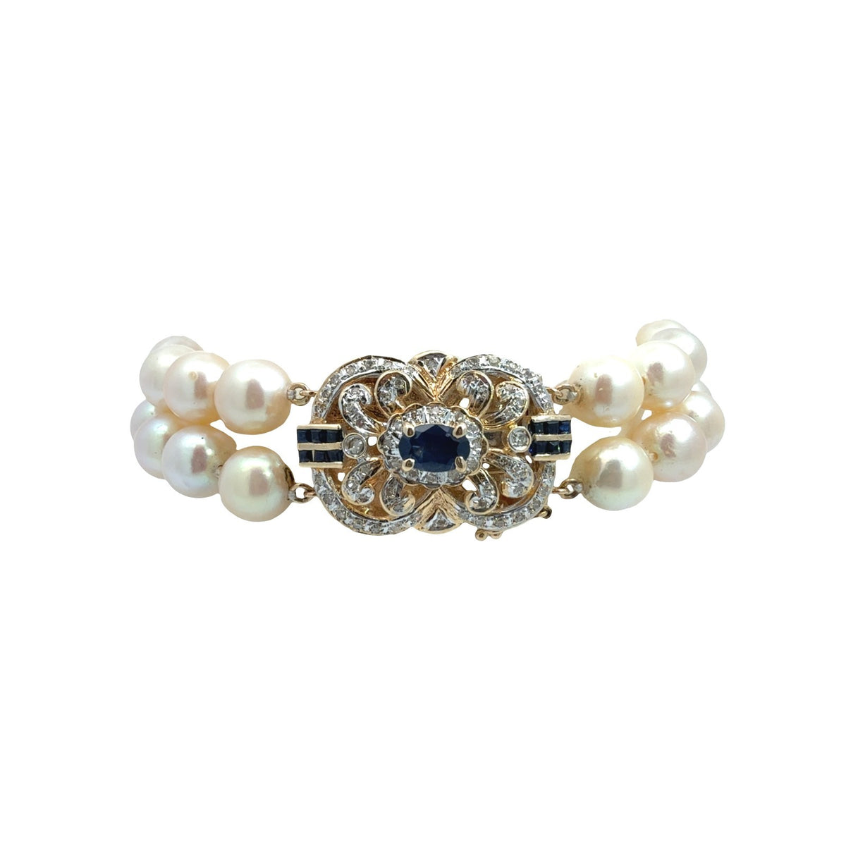 Vintage 14k Yellow Gold Strand Pearl 0.74cttw Sapphire 0.34cttw Diamond Bracelet0