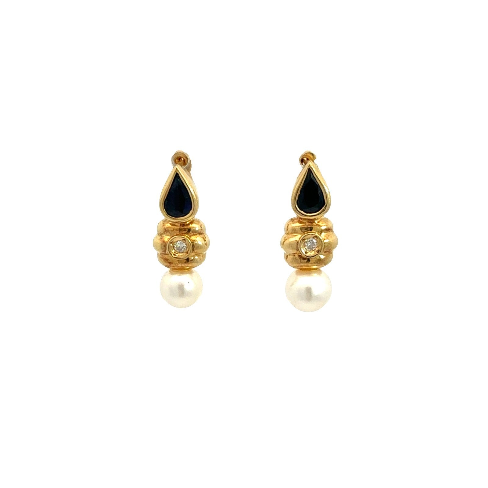 Vintage 18k Yellow Gold Pearl 0.92cttw Sapphire and 0.04cttw Diamond Earrings0